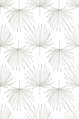 Delicate repeating pattern of light green, finely detailed French leaves on a white background, peel and stick removable wallpaper.