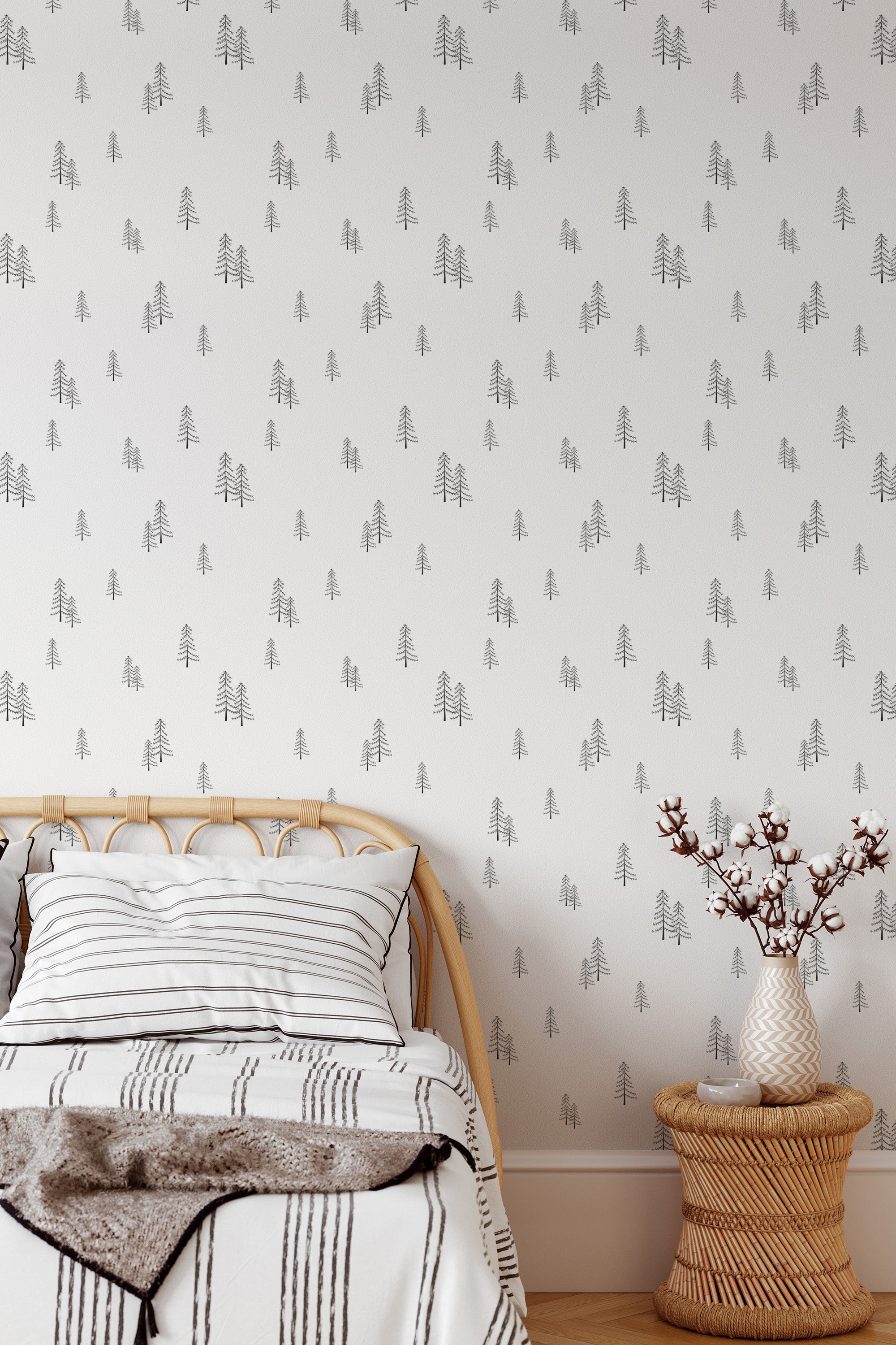 Self-adhesive wallpaper with a minimalist pine tree pattern in black outlines, scattered evenly across an off-white background.