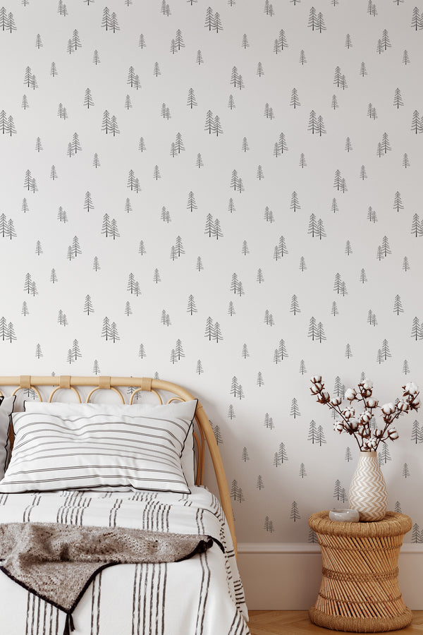 cozy bedroom interior rattan furniture decor pine tree accent wall