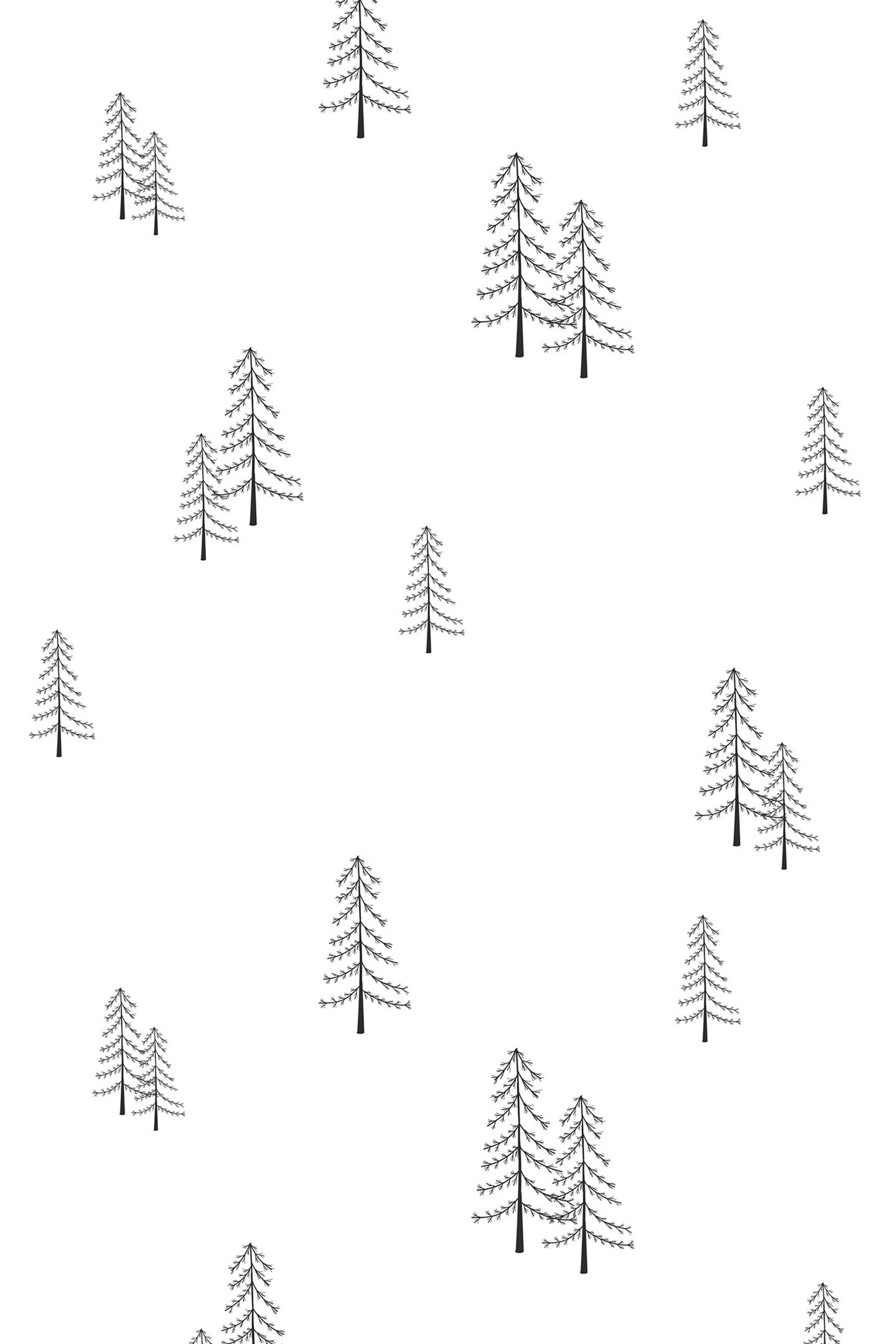 Simple black and white pine tree illustrations scattered across a white background creating a minimalist nature-inspired pattern. Peel and stick removable wallpaper.