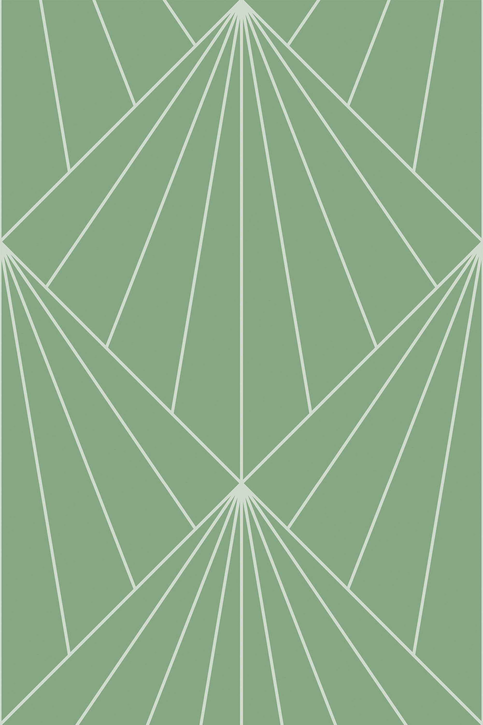 Green wallpaper with an Art Deco-inspired geometric pattern of overlapping triangles formed by thin white lines. Peel and stick removable wallpaper.