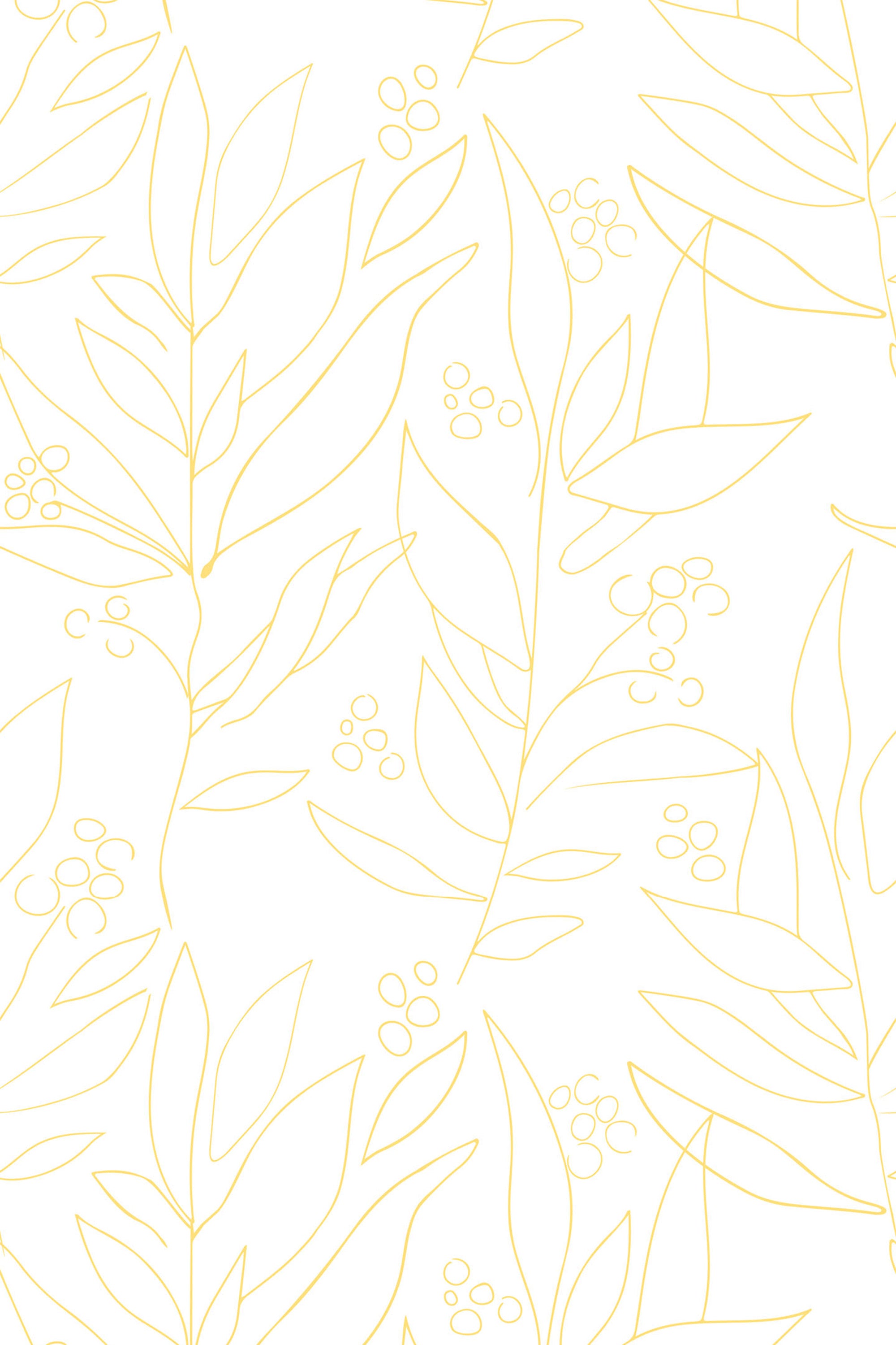 Delicate yellow botanical pattern with thin, leafy branches and small clusters of berries on a white background, peel and stick removable wallpaper.