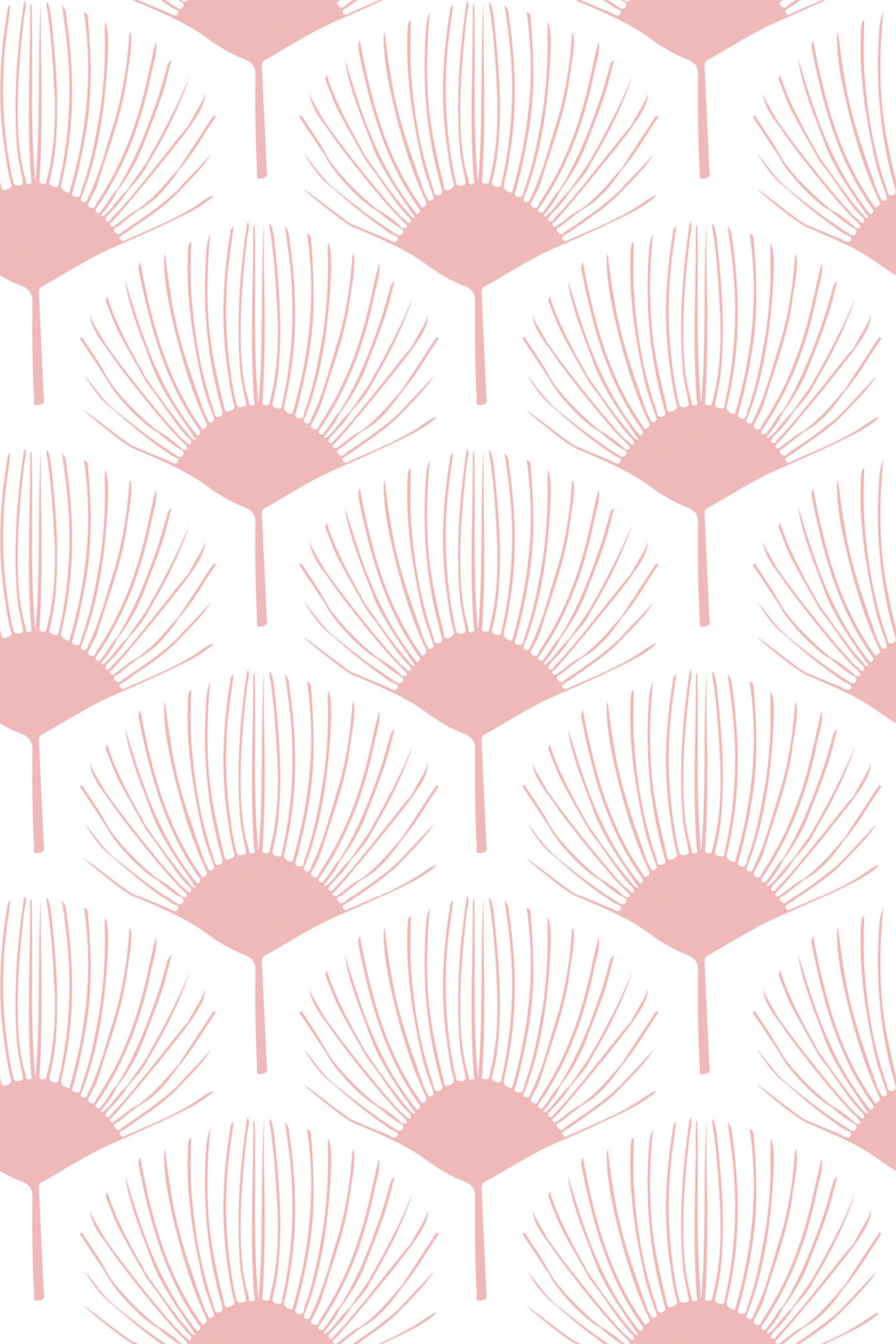 Repeating pattern of delicate, fan-shaped abstract flowers in soft pink tones on a white background, peel and stick removable wallpaper.