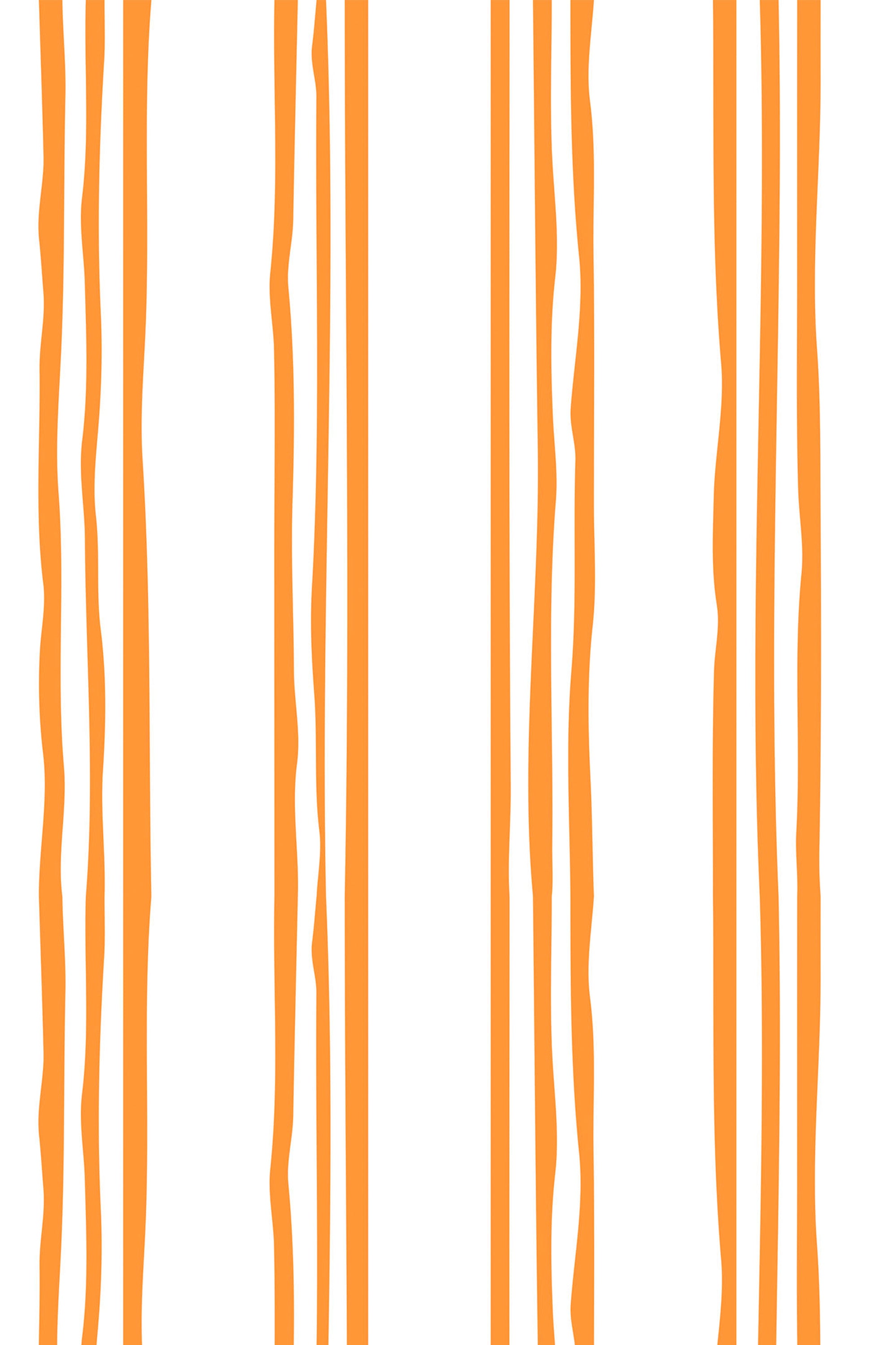 Orange wavy vertical stripes on a white background in a repeating pattern, peel and stick removable wallpaper.