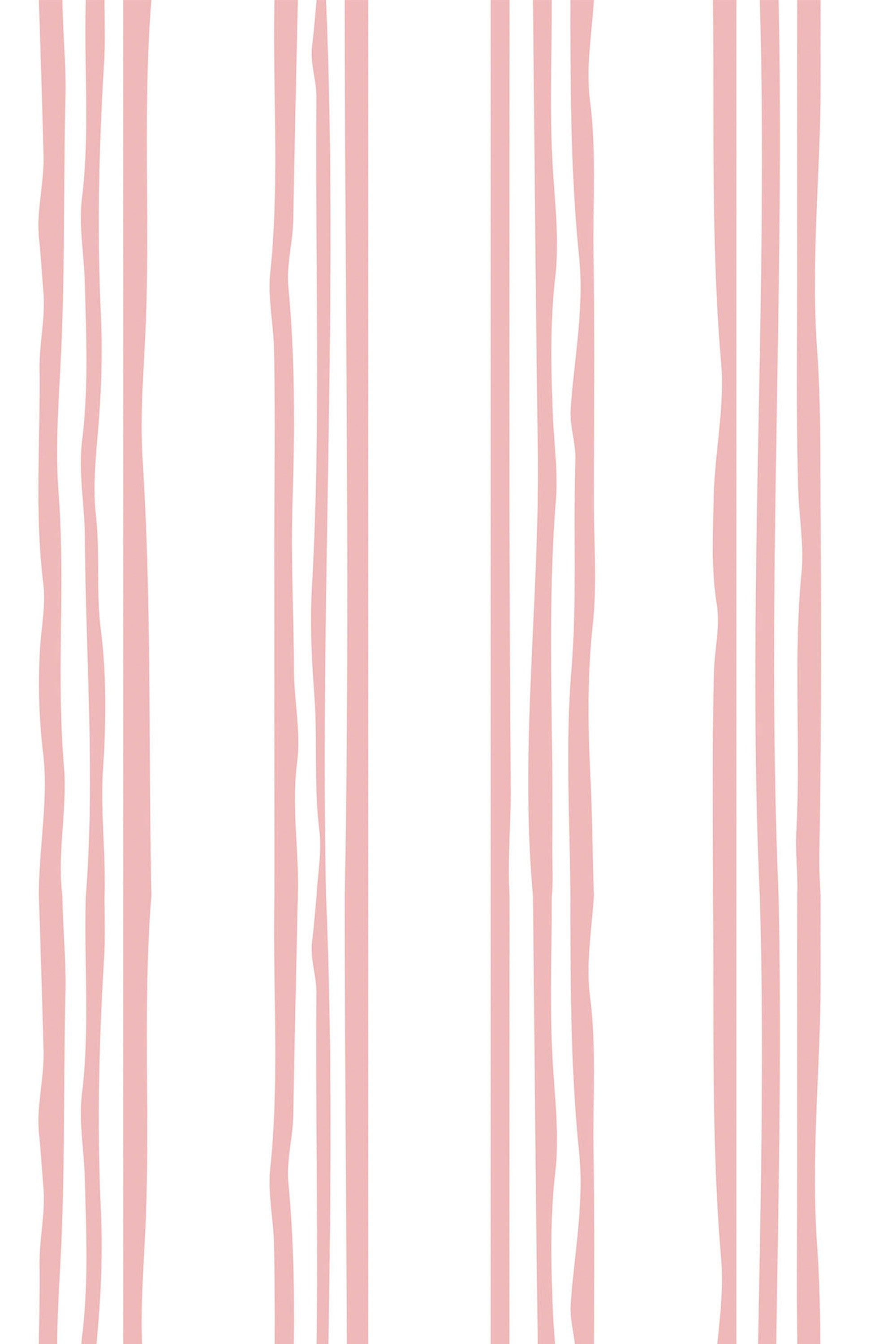 Vertical uneven light pink stripes on a white background, with a slightly wavy appearance. Peel and stick removable wallpaper.