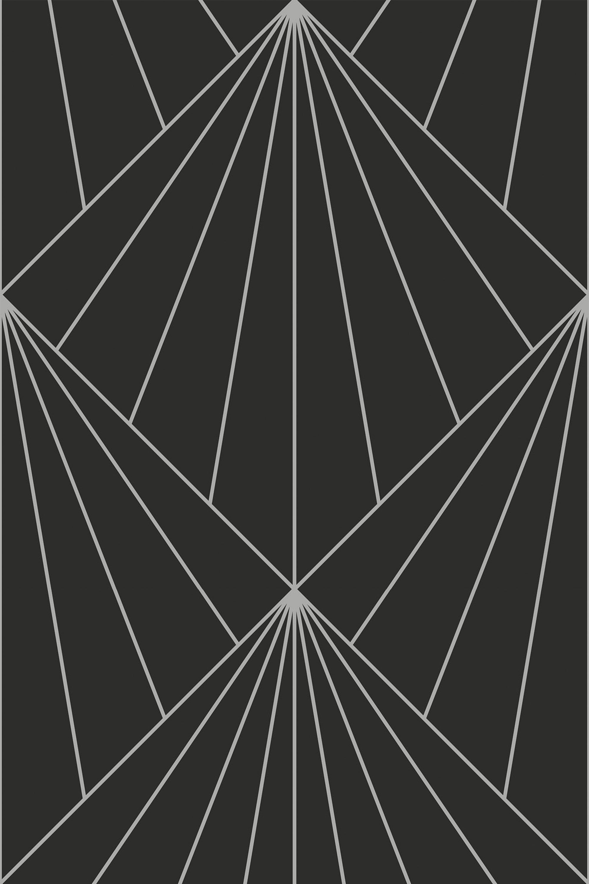 Geometric Art Deco sun rays with sleek, angular lines forming triangular and diamond shapes in a repeating pattern, set against a dark background. Peel and stick removable wallpaper.