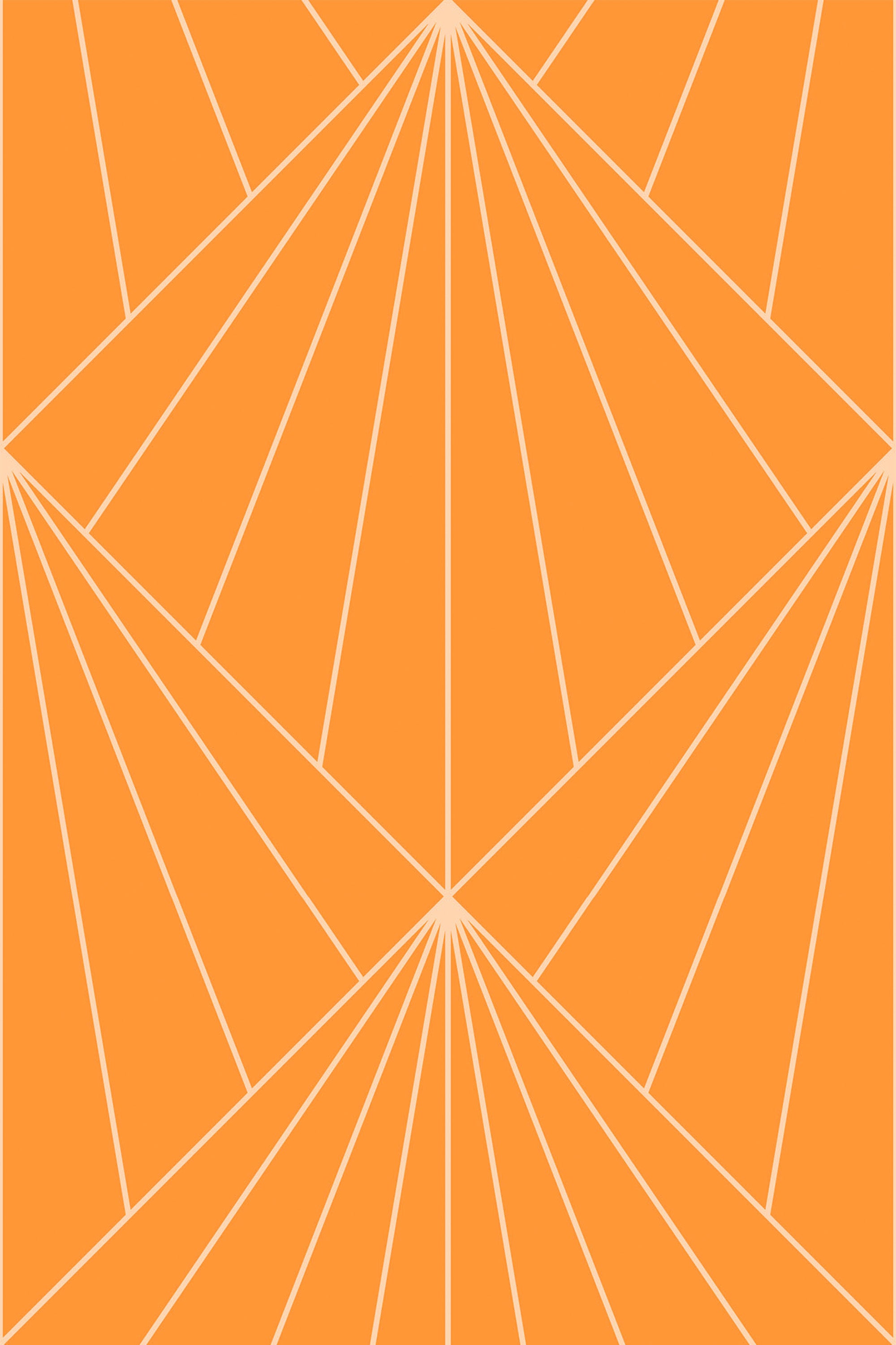 Geometric pattern with lines radiating from central points on a bright orange background, creating a sunburst effect. Peel and stick removable wallpaper.