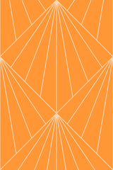 Geometric pattern with lines radiating from central points on a bright orange background, creating a sunburst effect. Peel and stick removable wallpaper.