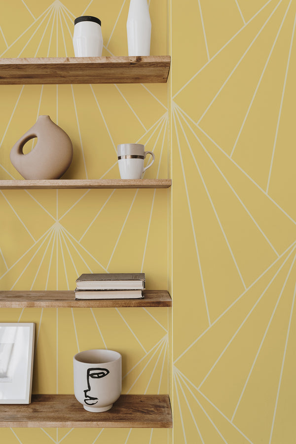 wooden shelf decor living room interior art deco geometric sun accent wall