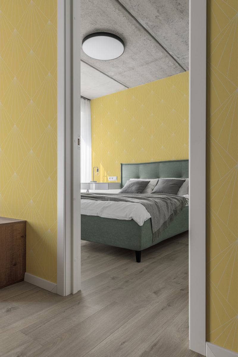 Wallpaper with a geometric sun design in an Art Deco style. The pattern uses a series of angular, radiating lines in a subtle, uniform arrangement against a light yellow background. The style brings a timeless, sophisticated feel to the room while maintaining a modern aesthetic. Traditional wallpaper.