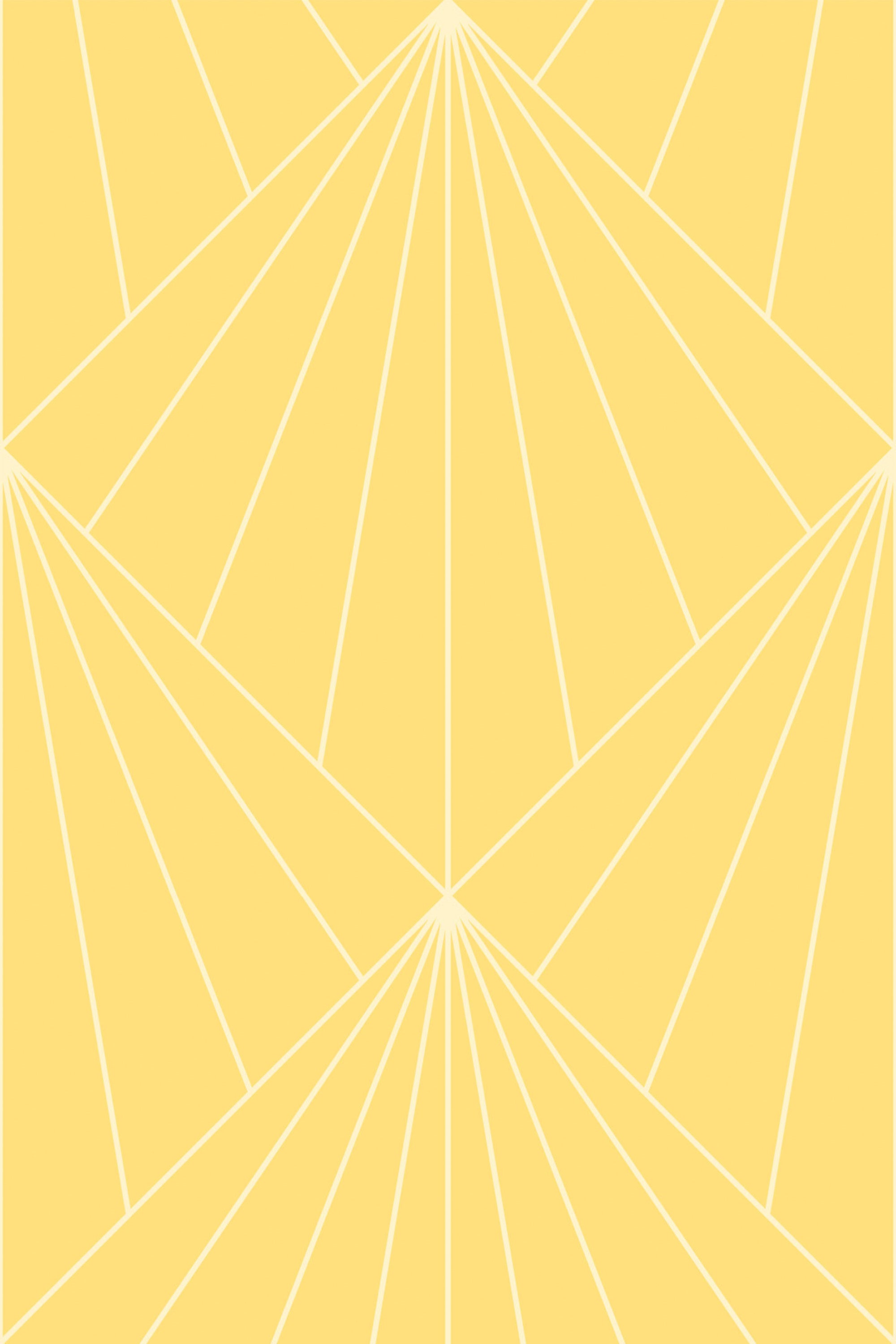 Yellow Art Deco-inspired geometric sun pattern with interlocking triangular shapes and clean white lines. Peel and stick removable wallpaper.