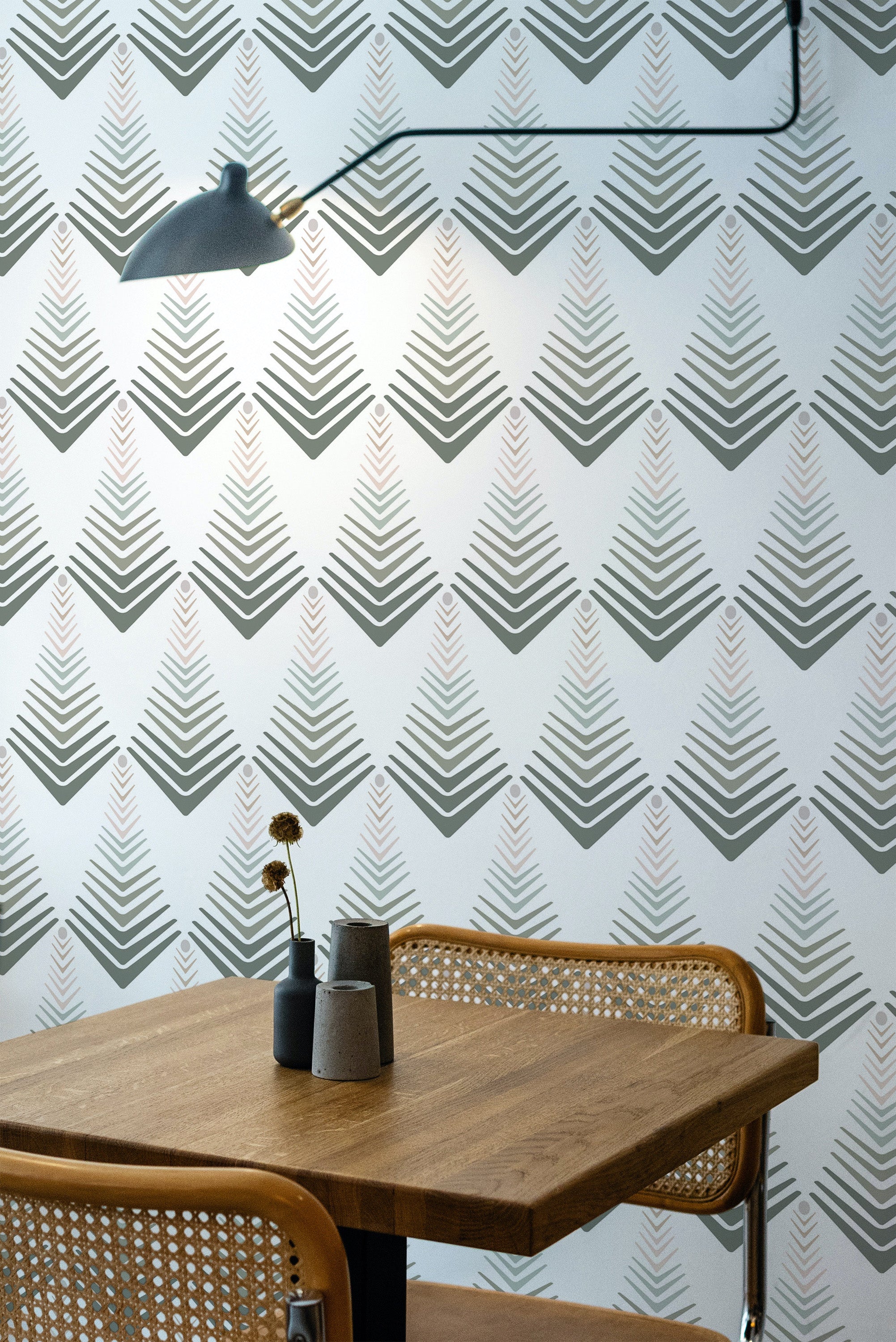 Self-adhesive wallpaper with a Colorful Art Deco design featuring a repeating pattern of geometric shapes resembling stylized trees, in shades of gray, white, and subtle hints of peach.