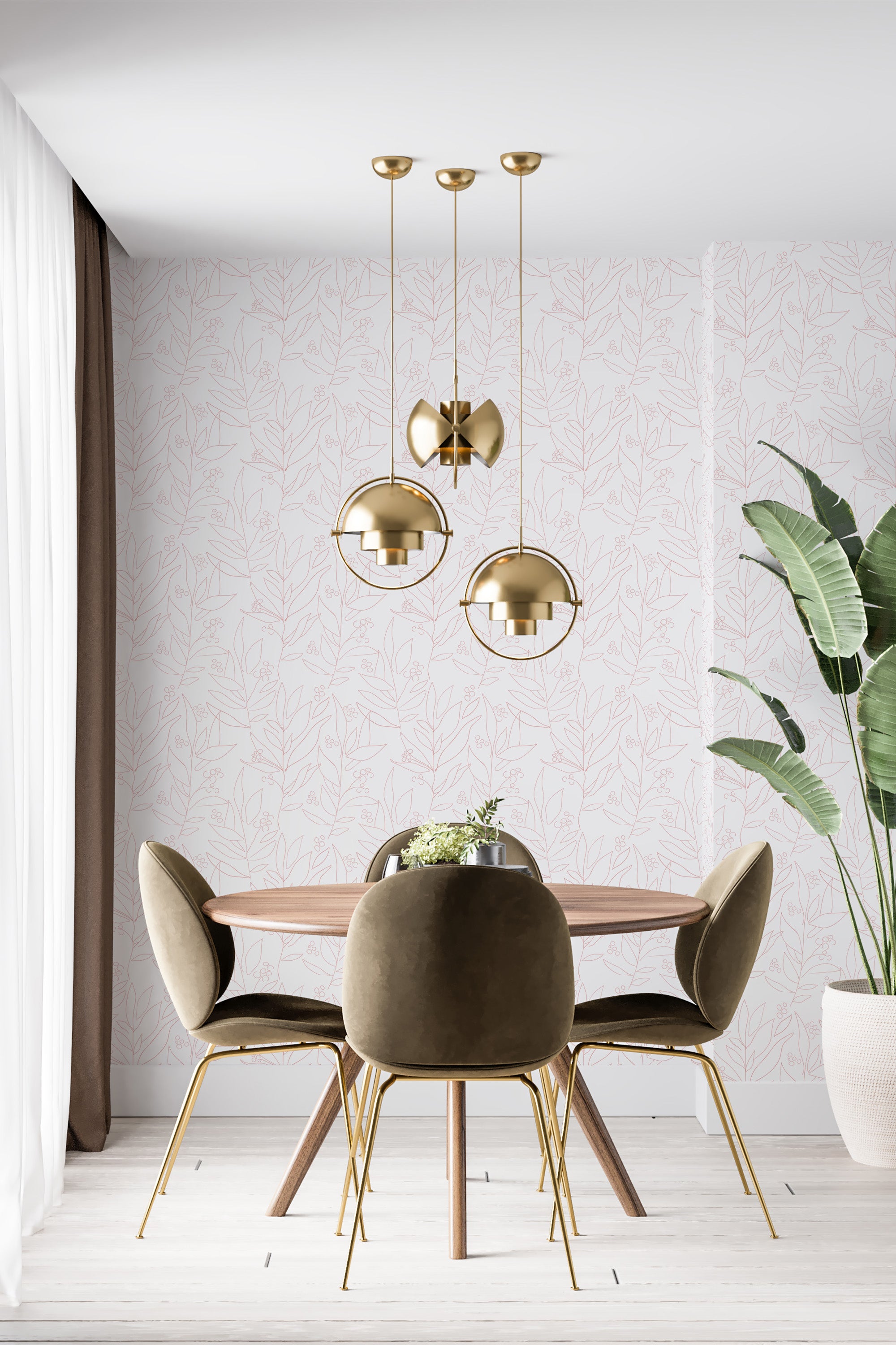 Wallpaper with a delicate big floral line art design in light pink on a soft white background creates an elegant and serene atmosphere in the room. Traditional wallpaper.