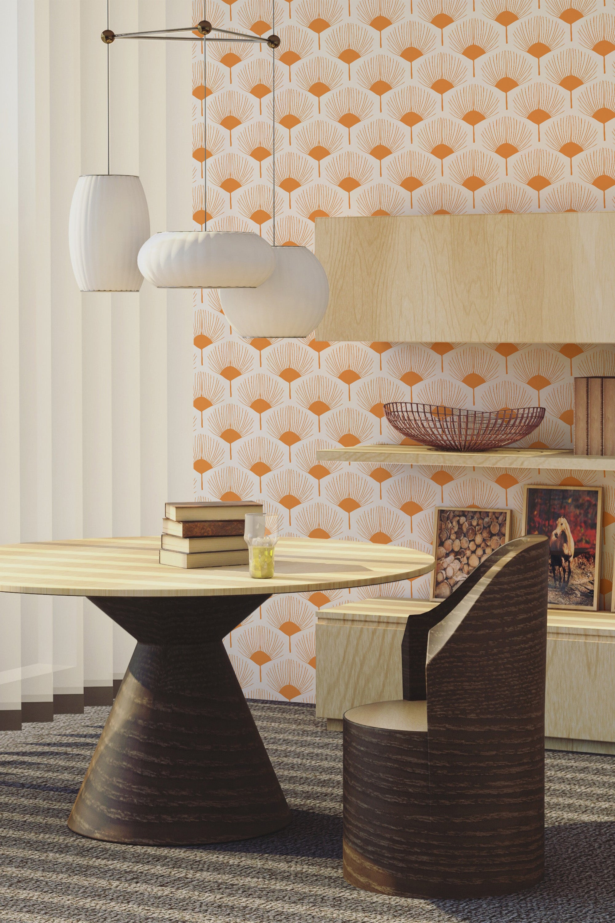 Wallpaper with an abstract floral design in warm tones of orange and cream arranged in a repetitive fan-like pattern, giving the room an elegant and cozy feel, traditional wallpaper.