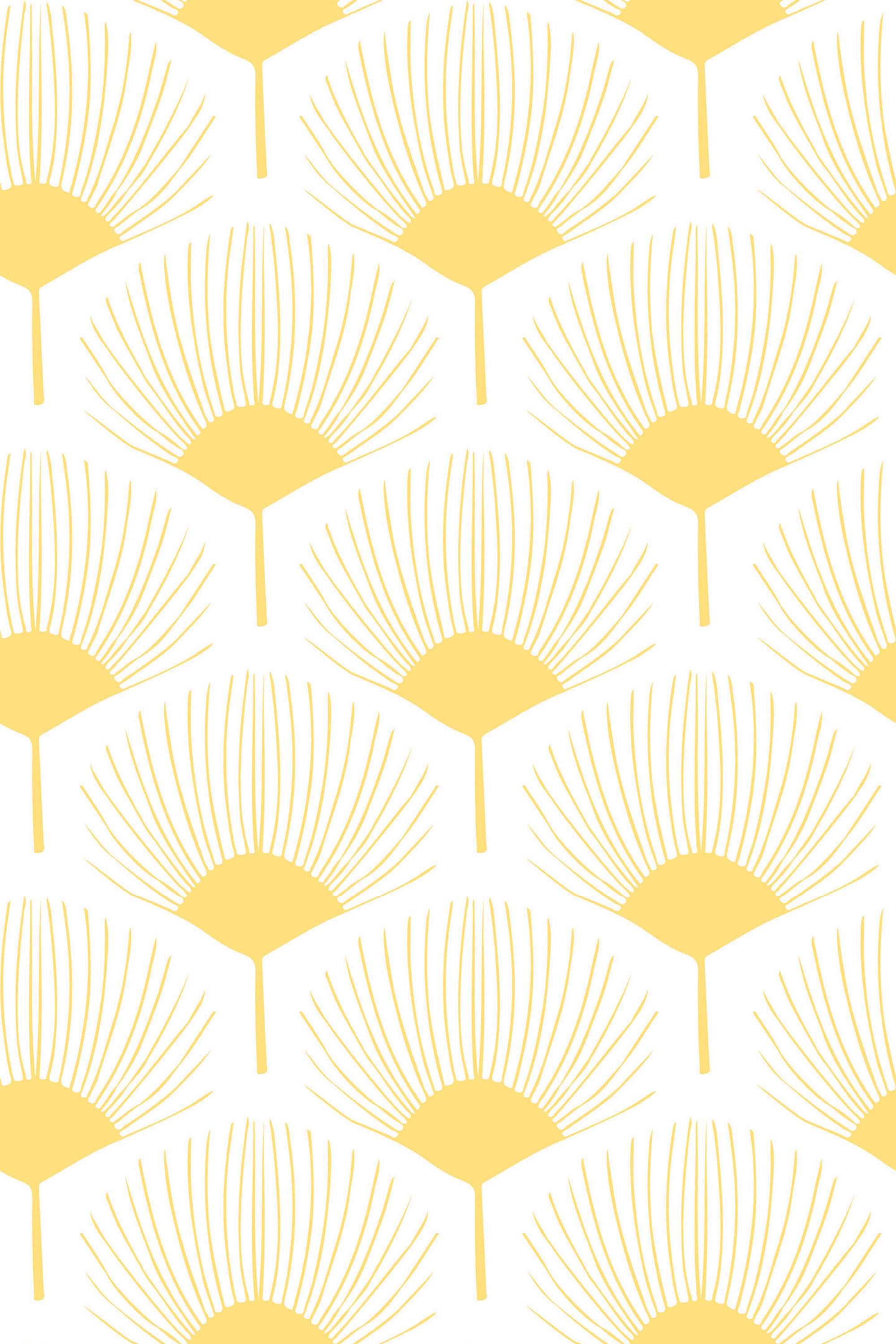 Yellow fan-shaped leaves arranged in a repeating scallop pattern on a white background, peel and stick removable wallpaper.