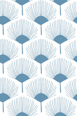 A repetitive pattern of stylized leaf veins in a fan-like shape, with each leaf resembling the veins of a ginkgo or fern. The design is set against a white background, with the leaves in a muted teal blue color. The pattern creates a soothing and modern aesthetic. Peel and stick removable wallpaper.