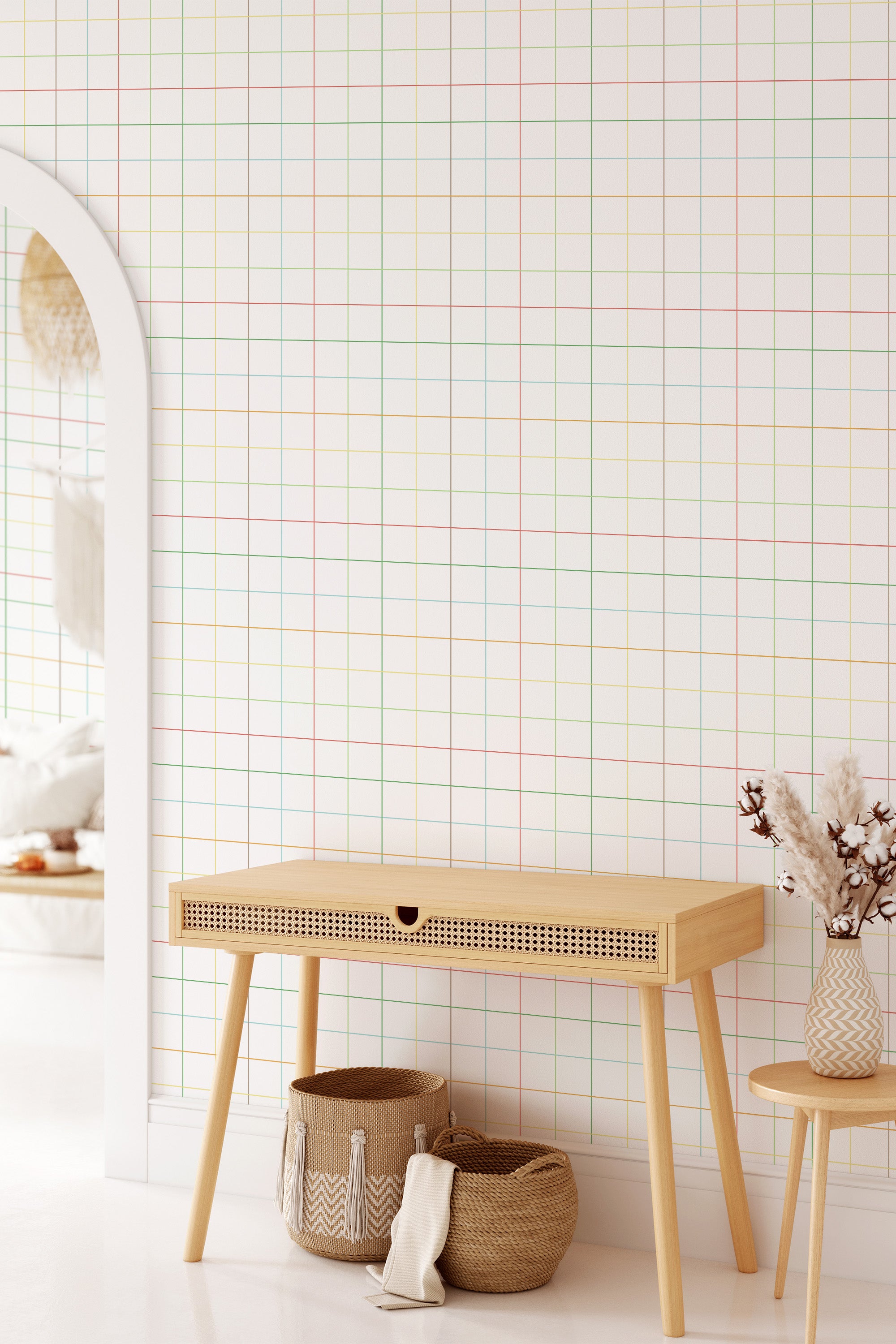 Minimal grid wallpaper with thin, colorful lines forming a precise, geometric pattern on a light background, adding a contemporary yet traditional wallpaper.