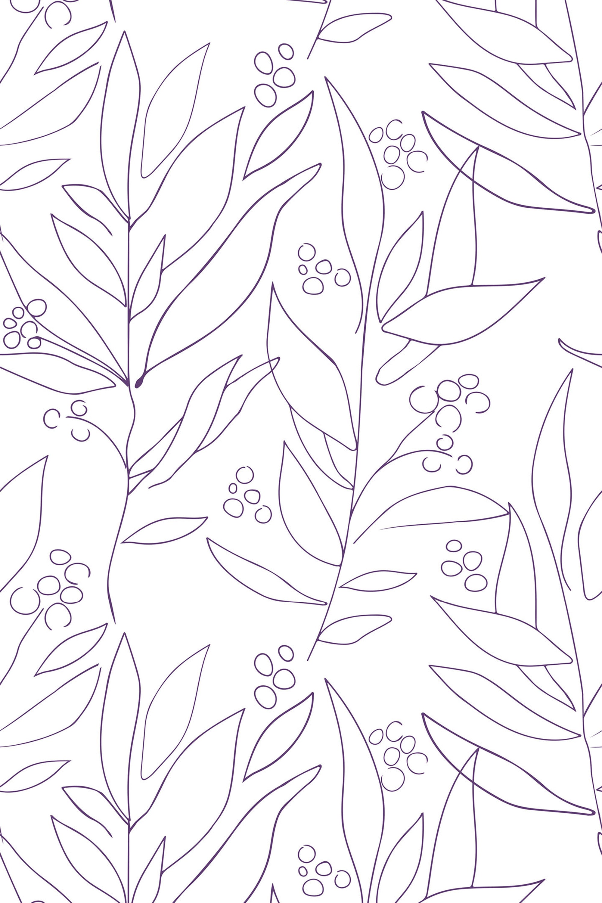 A light-colored wallpaper with delicate, large-scale floral designs. Simple line drawings of leaves and small clusters of berries are spread evenly across the background in a gentle, repetitive pattern. Peel and stick removable wallpaper.