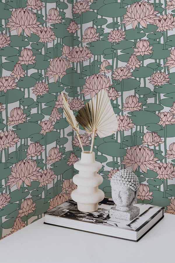 wallpaper for walls lotus pattern modern sophisticated vase statue home decor
