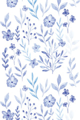 Blue and white wallpaper with a pattern of hand-painted botanical elements such as flowers, leaves, and stems in various shades of blue on a white background, peel and stick removable wallpaper.