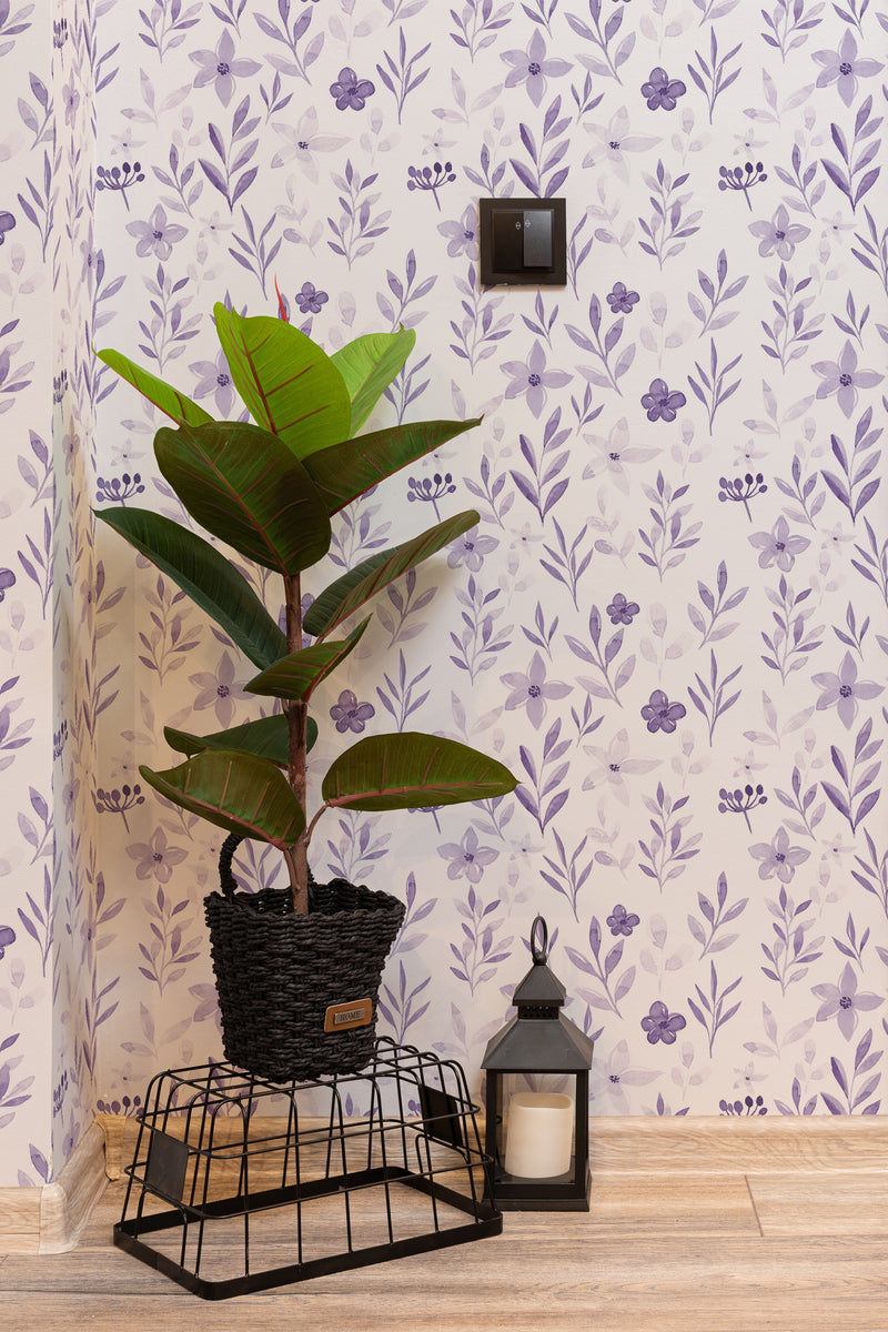 hallway interior green plant black lantern violet botanical temporary wallpaper