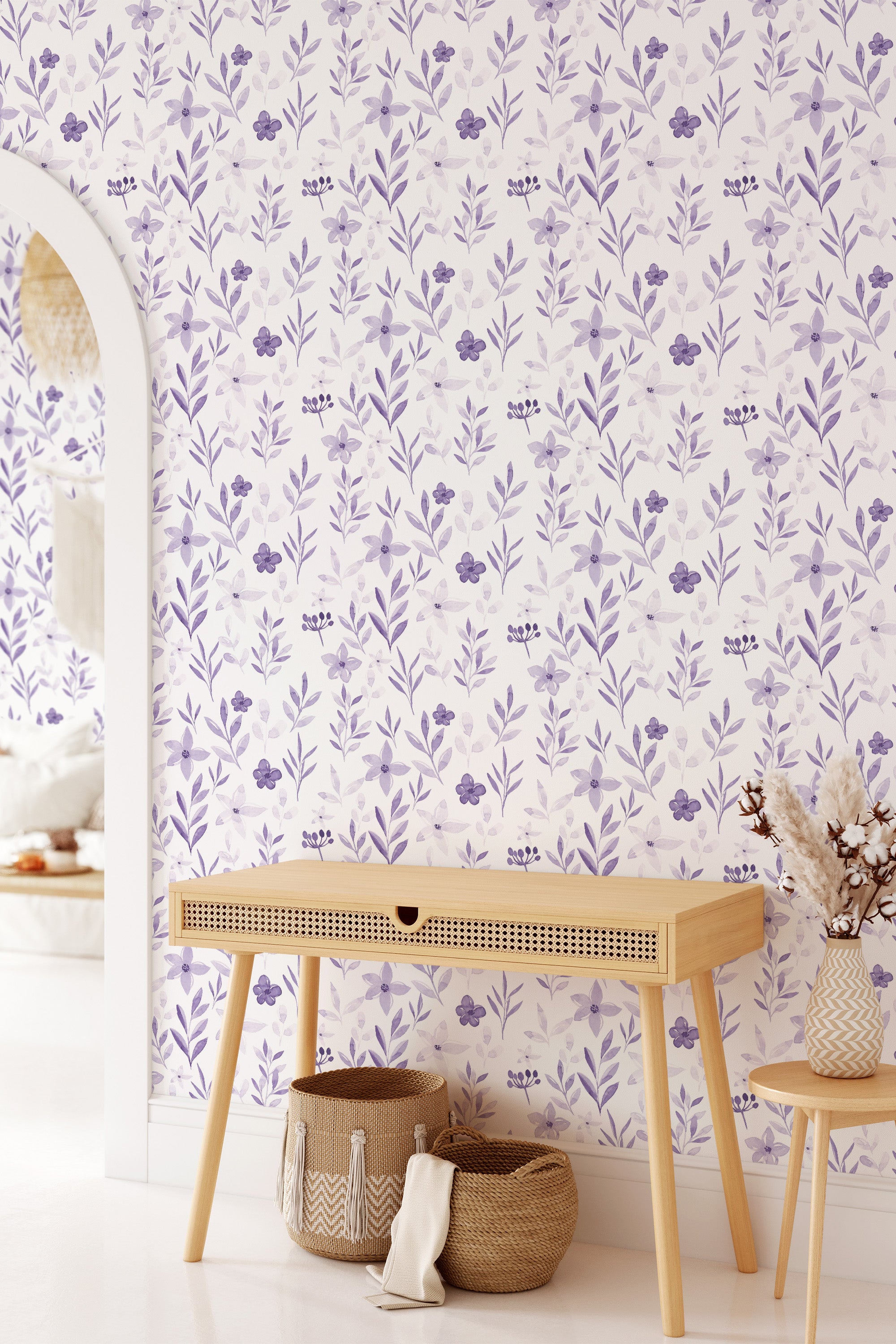 Botanical wallpaper with delicate violet flowers and green leaves arranged in a repeating pattern on a light background, creating a soft, natural ambiance. Traditional wallpaper.
