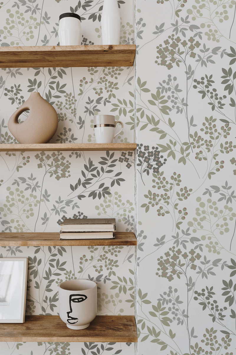 wooden shelf decor living room interior elegant floral accent wall