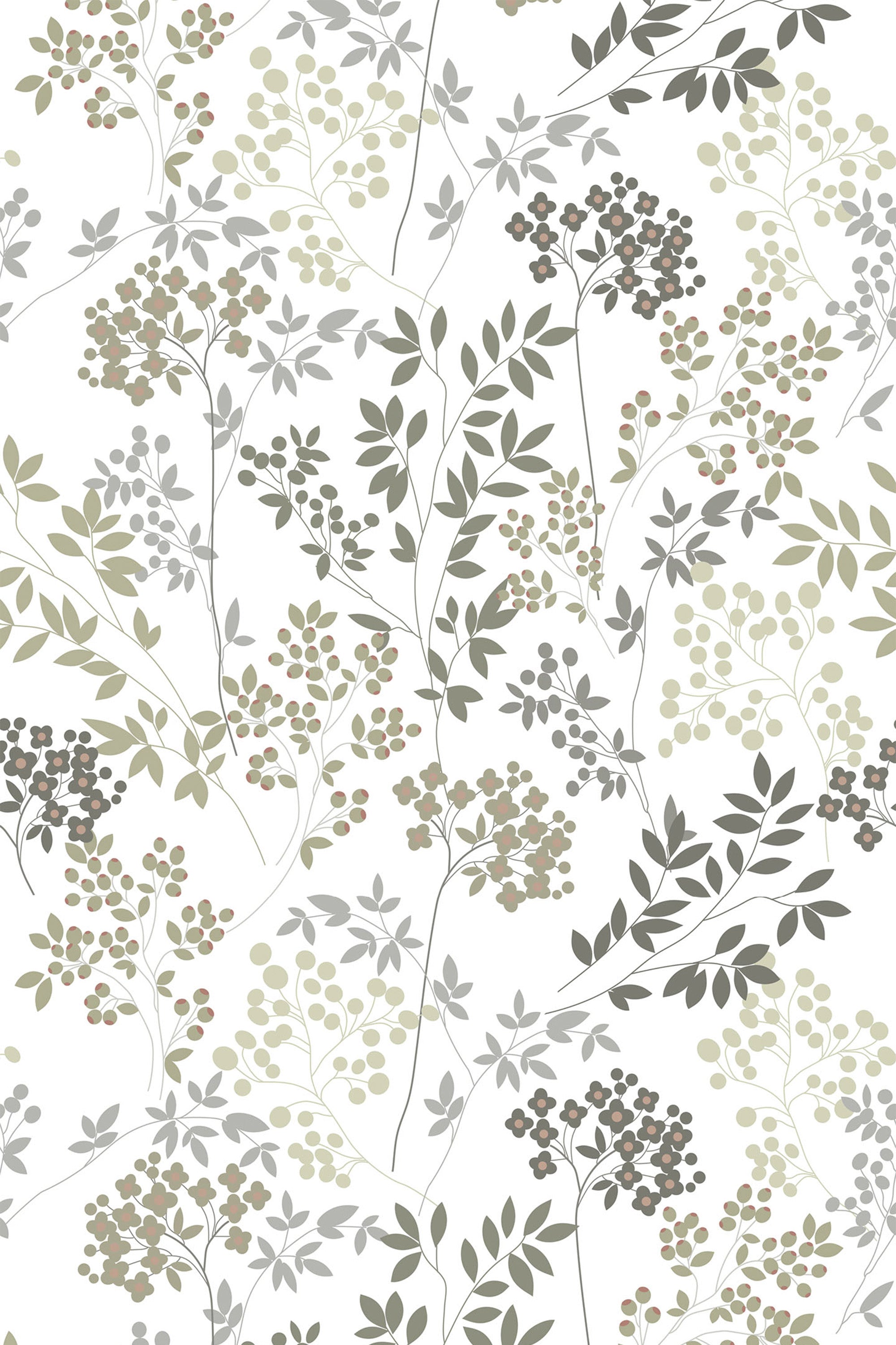 An elegant floral wallpaper with delicate branches, soft green leaves, and clusters of small flowers in muted tones. Peel and stick removable wallpaper.