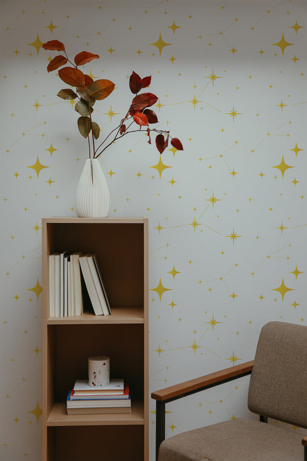 self-adhesive wallpaper star pattern bookshelf armchair decorative plant interior