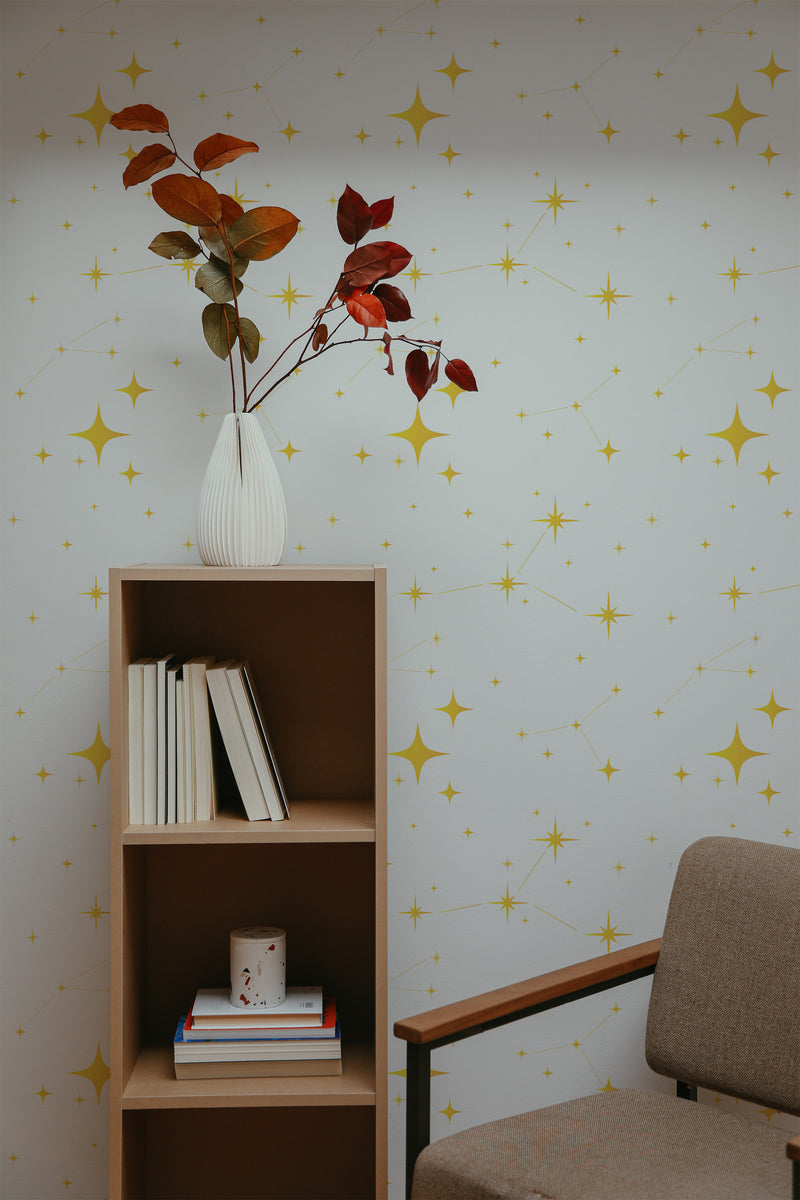 Self-adhesive wallpaper with a star design pattern, yellow stars and connecting lines create a constellations theme on a light background.