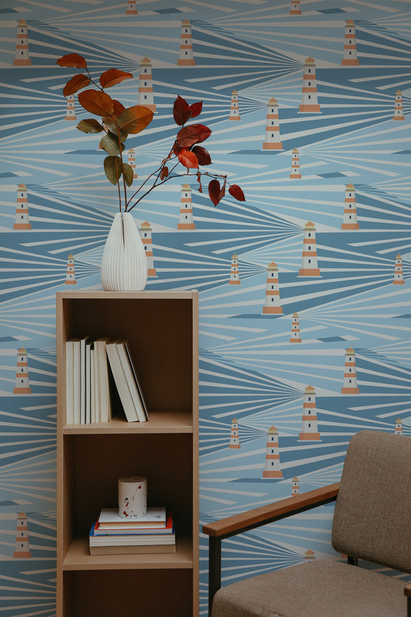 self-adhesive wallpaper lighthouse pattern bookshelf armchair decorative plant interior