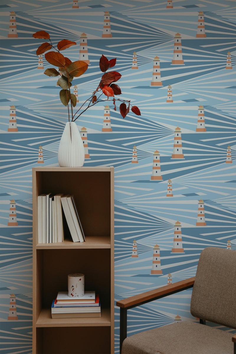 Self-adhesive wallpaper with a lighthouse design on a light blue background arranged in a horizontal wavy pattern, with small beige and white lighthouses scattered evenly.