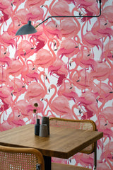 wooden dining table rattan chairs flamingo peel and stick wallpaper