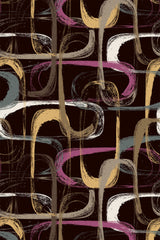 Abstract wallpaper with intertwined, colorful brush strokes in shades of cream, maroon, brown, and yellow on a dark brown background, peel and stick removable wallpaper.