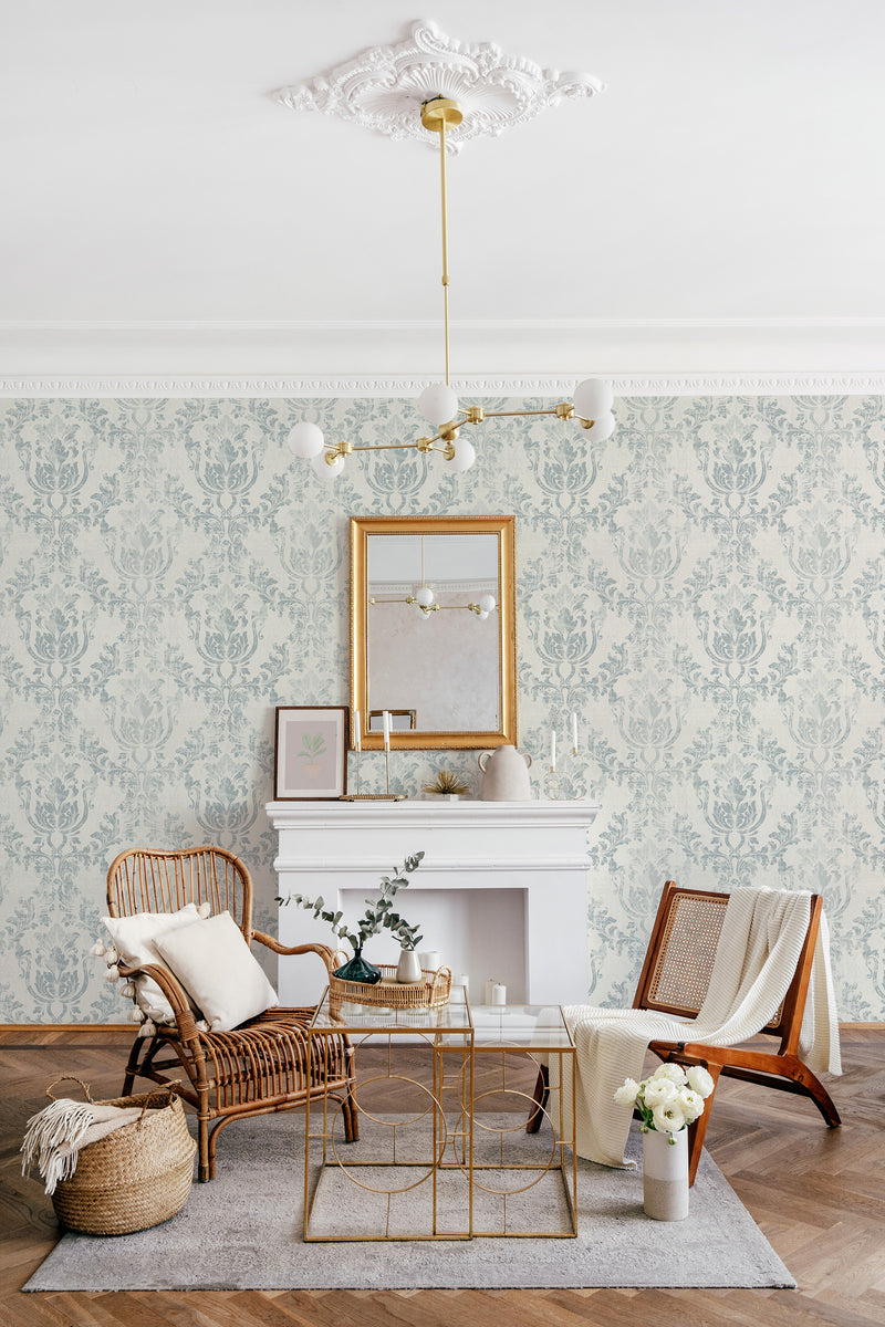 Old-school damask wallpaper with an intricate, symmetrical floral pattern in soft blue tones on a light background, creating a classic and elegant atmosphere in the room,raditional wallpaper.