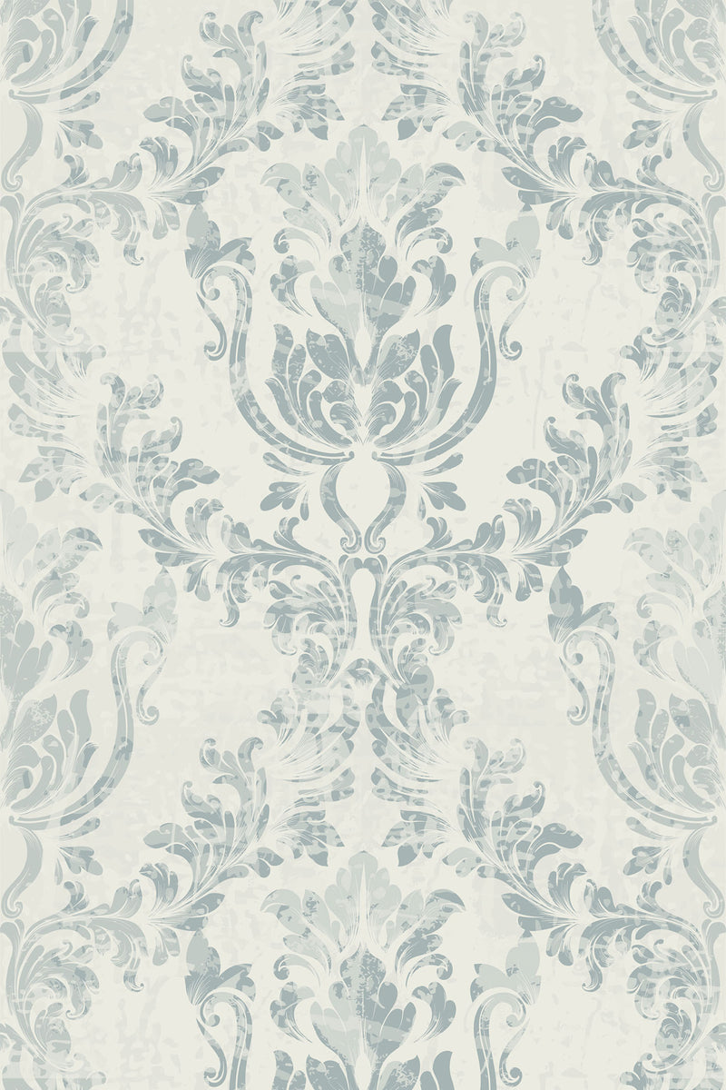 Intricate floral and ornamental patterns in a vintage damask style with muted tones of light gray and pale green on a soft cream background, peel and stick removable wallpaper.