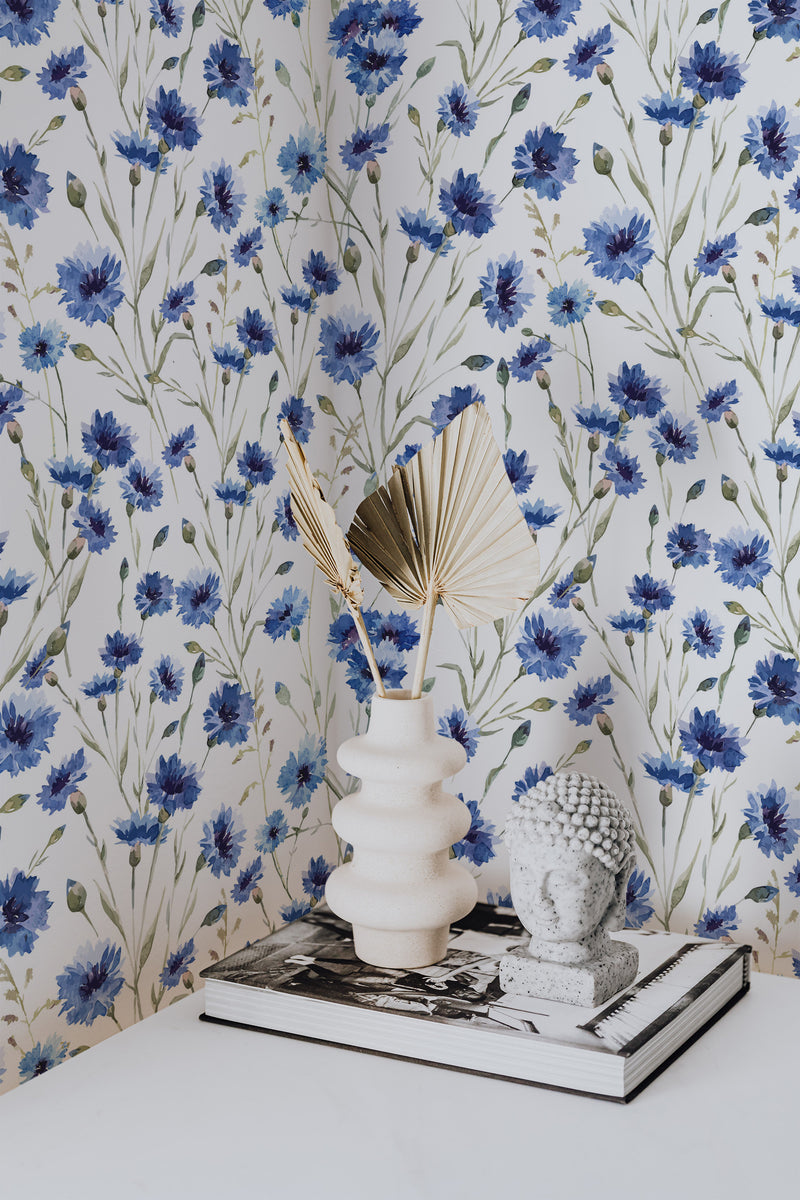 wallpaper for walls blue floral print pattern modern sophisticated vase statue home decor