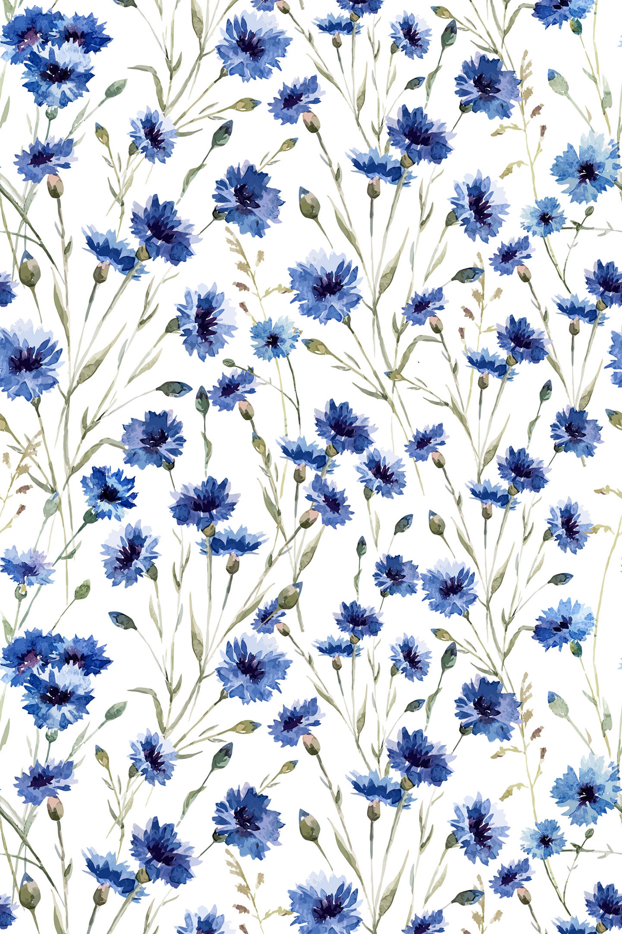 Delicate blue flowers with soft green stems and leaves are scattered across a white background, creating a vibrant and elegant floral pattern. Peel and stick removable wallpaper.