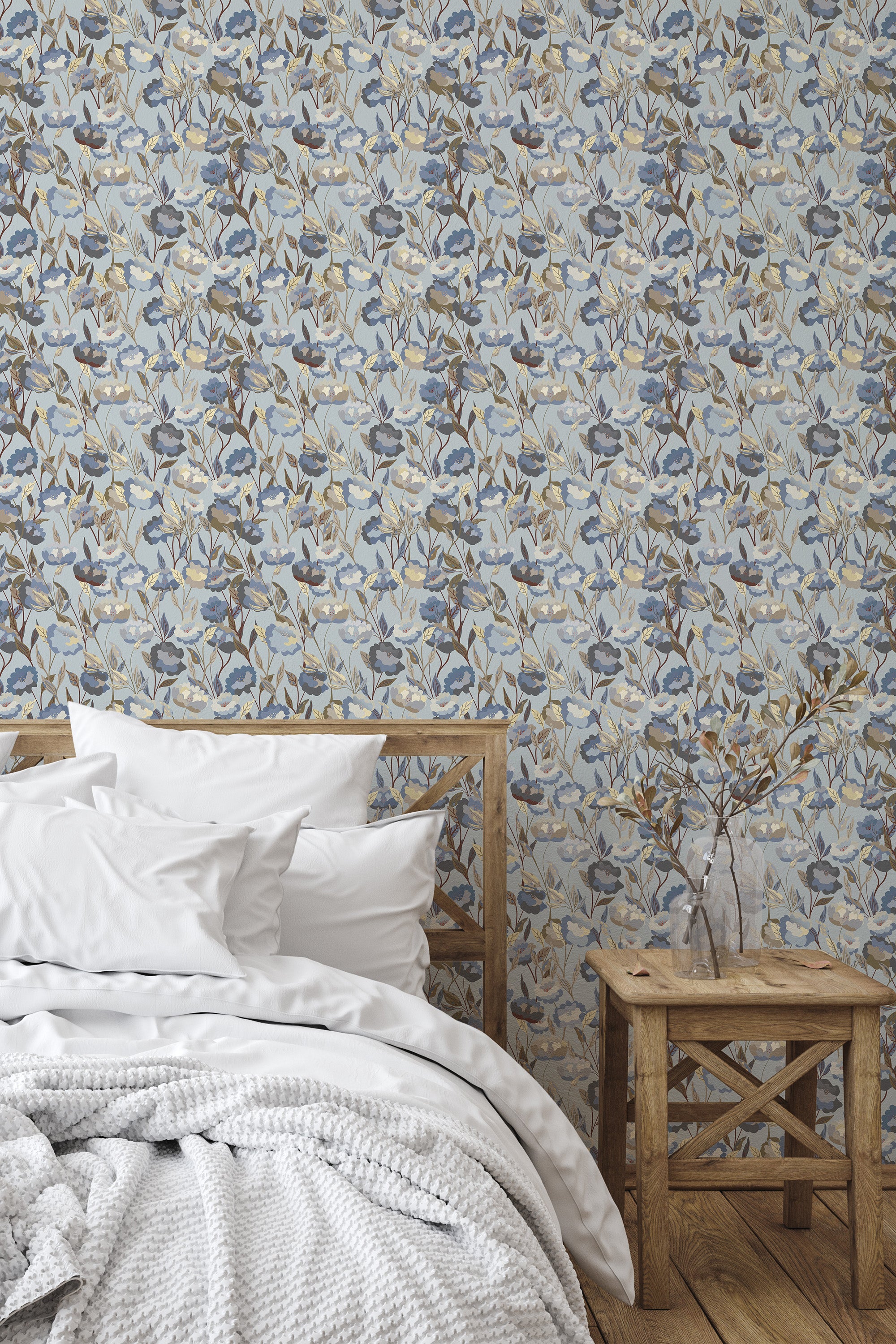 Self-adhesive Classic floral wallpaper with an intricate pattern of delicate flowers and leaves in soft blue, beige, and white tones set against a light background.