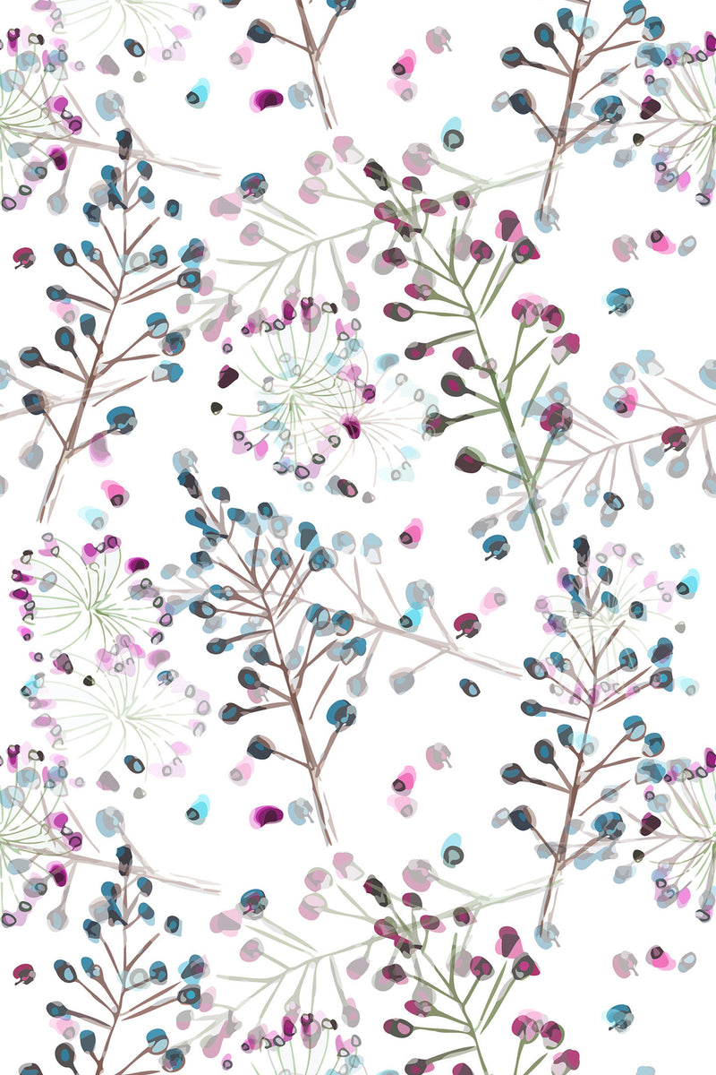 Delicate branches with clusters of pastel-colored berries in shades of blue, pink, and purple on a white background, forming an airy, botanical pattern. This is a peel and stick removable wallpaper.