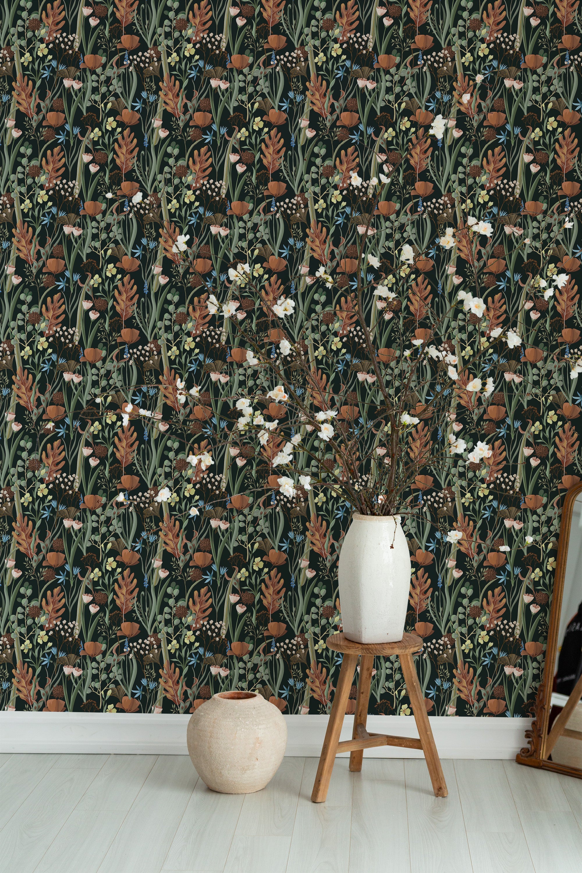 Self-adhesive wallpaper adorned with a bold garden design, filled with lush green leaves, white flowers, and rich golden brown botanicals creating a dense, vibrant tapestry of nature.