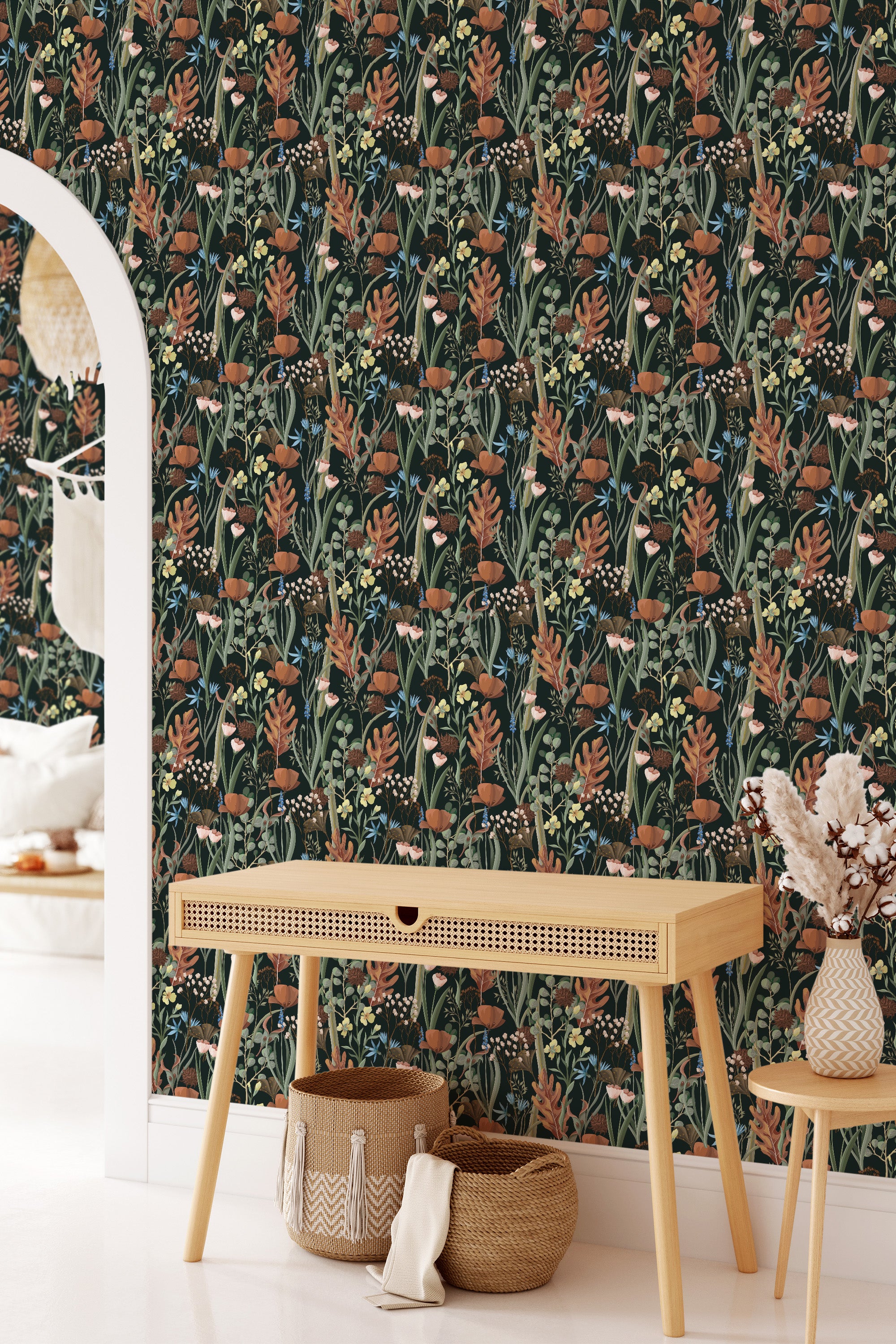 Wallpaper with a dense pattern of lush green leaves, brown ferns, and cream-colored flowers on a dark background, creating a rich, nature-inspired aesthetic. Traditional wallpaper.