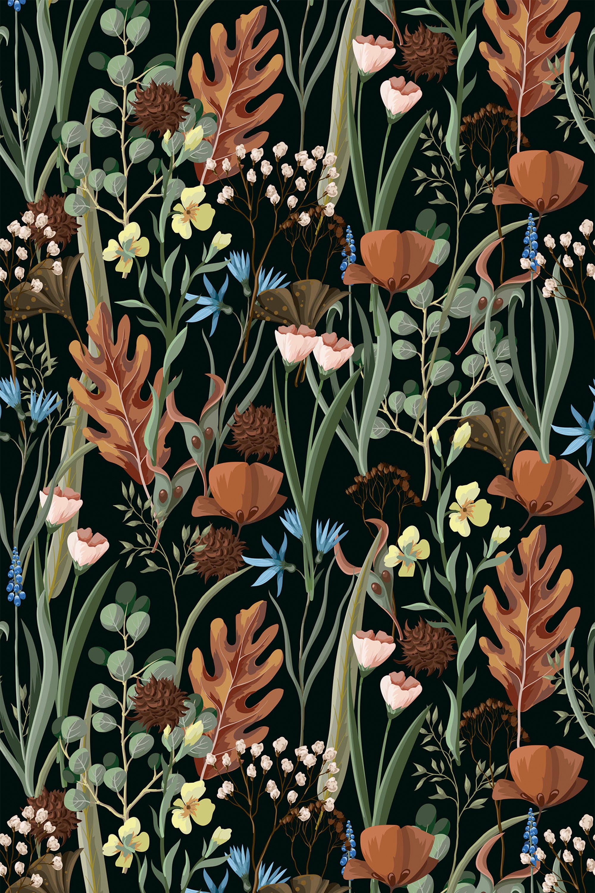 A dark green wallpaper with a vibrant botanical pattern, including various flowers, leaves, ferns, and buds in shades of orange, green, blue, and brown. Peel and stick removable wallpaper.