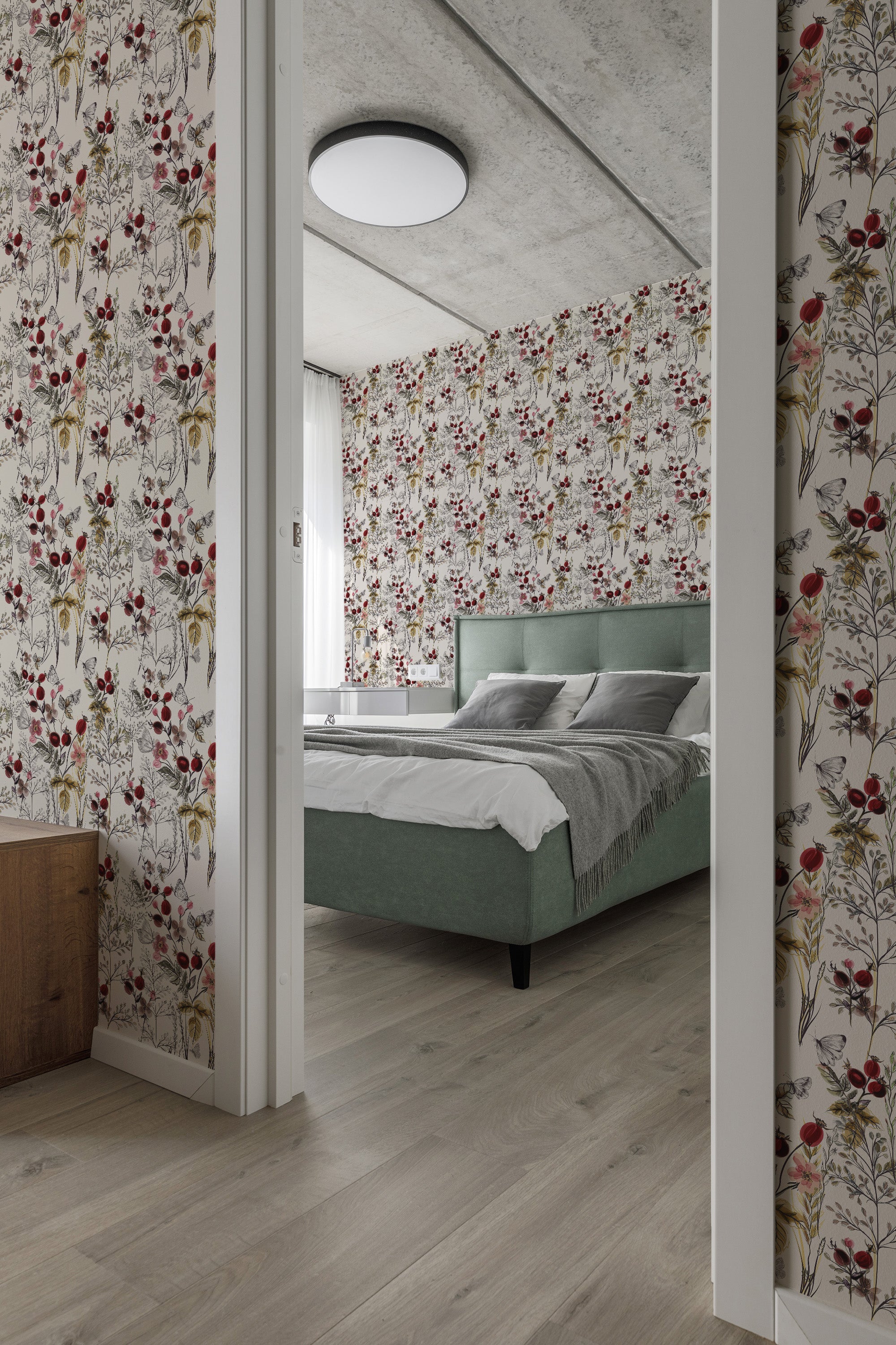 Wall decorated with a delicate Butterfly design, including floral elements and subtle red and gold accents, adding a nature-inspired touch to the traditional wallpaper.