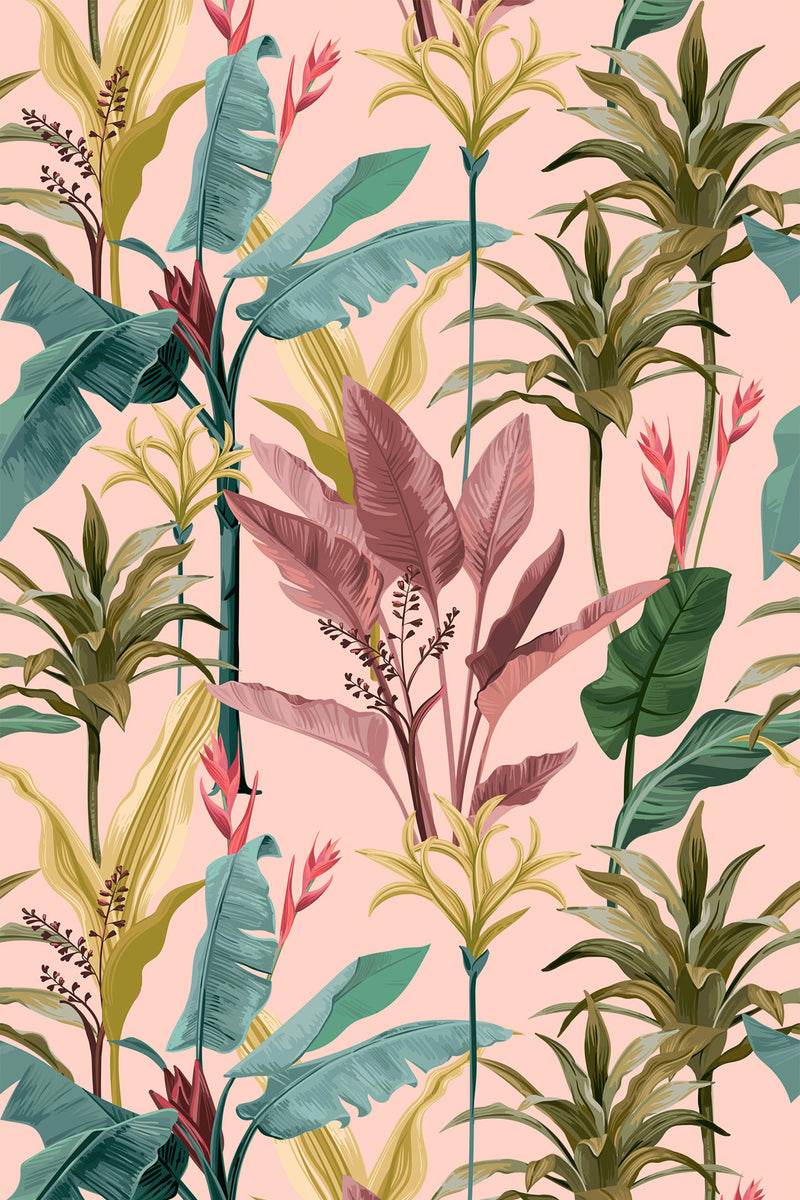 Tropical palm trees with a variety of green, pink, and yellow leaves on a light pink background, creating a vibrant and lush botanical pattern. Peel and stick removable wallpaper.