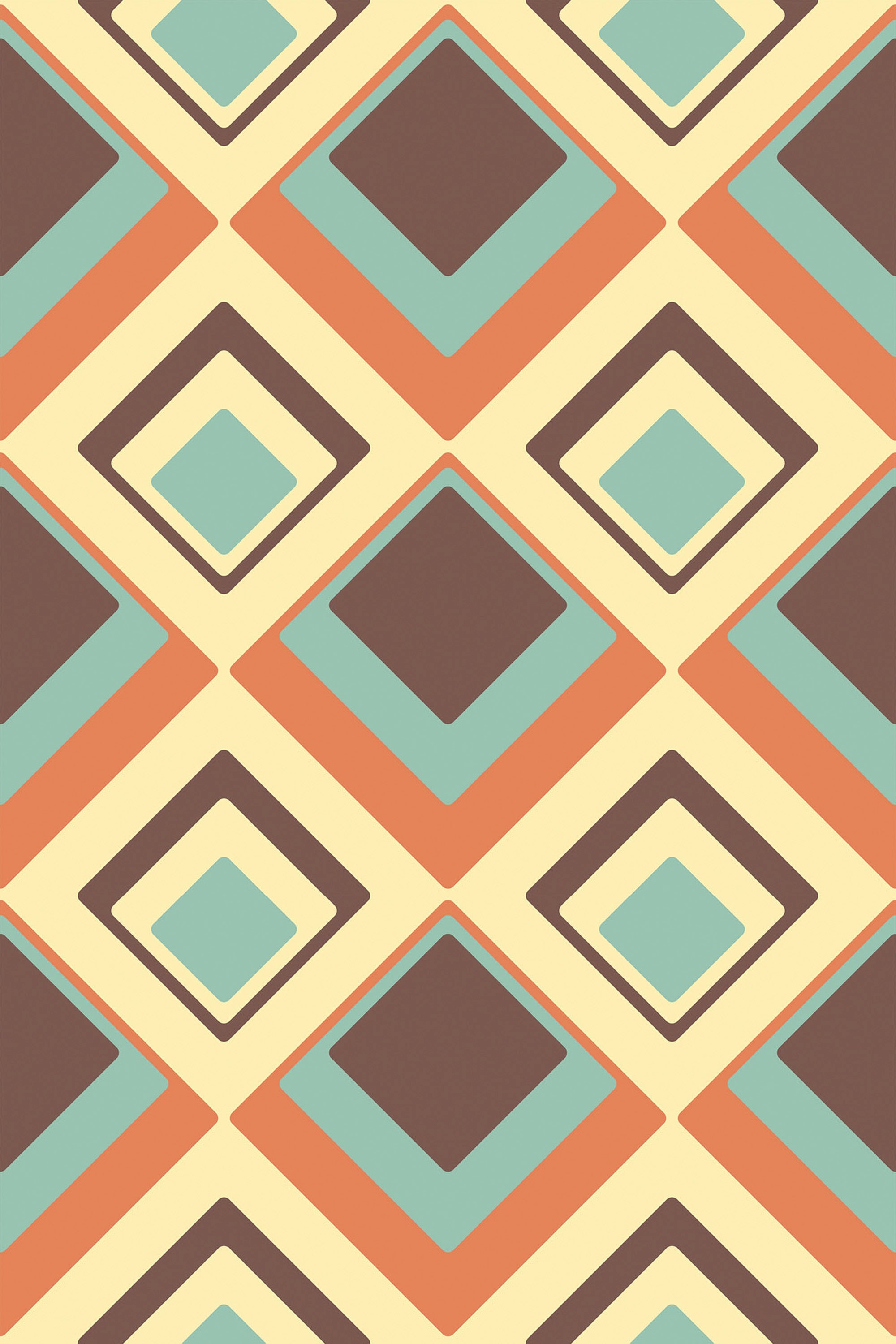 Retro geometric wallpaper with alternating diamond patterns in teal, orange, brown, and cream, creating a vibrant, symmetrical design. Peel and stick removable wallpaper.