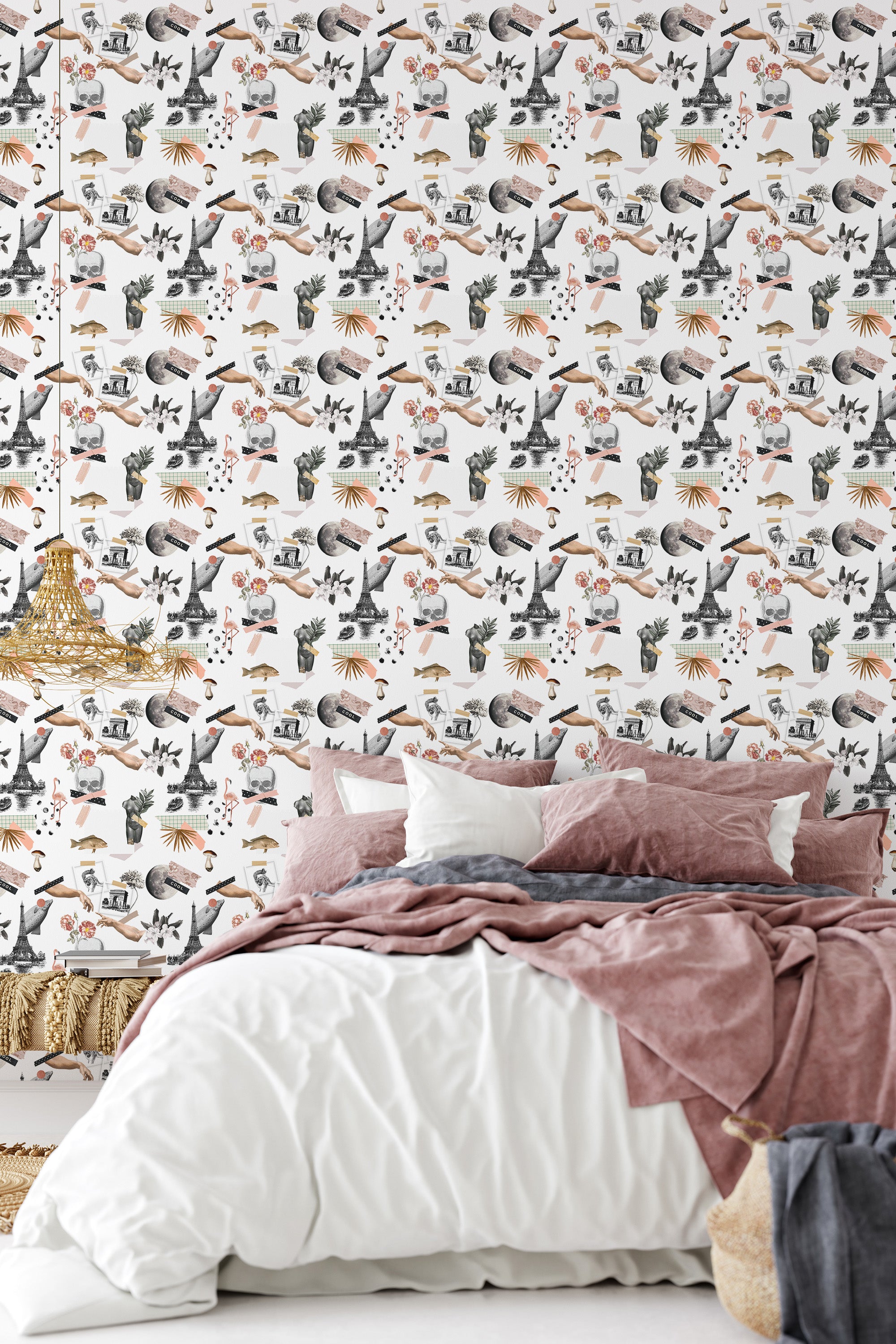 A room with wallpaper in a collage-inspired design with elements like vintage postcards, floral patterns, and intricate illustrations, set against a white background. The pattern repeats in a balanced and symmetrical manner, creating a nostalgic and artistic ambiance reminiscent of a scrapbook theme. The bedding and room decor complement the wallpaper, enhancing the cozy and creative atmosphere with traditional wallpaper.