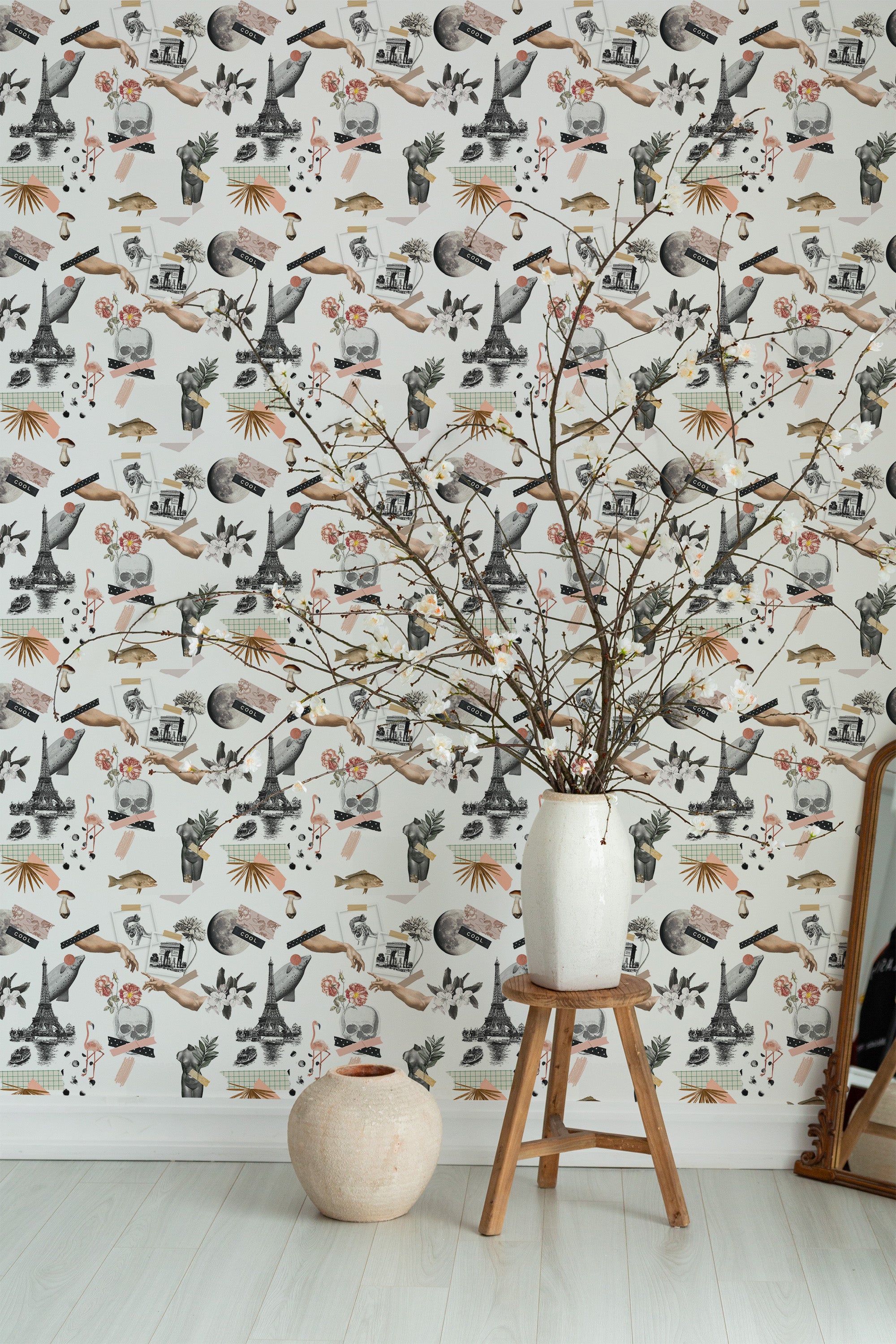 Self-adhesive wallpaper with a 'Scrapbook' design, encompassing vintage-style illustrations of birds, flowers, and delicate plants scattered across a white background.