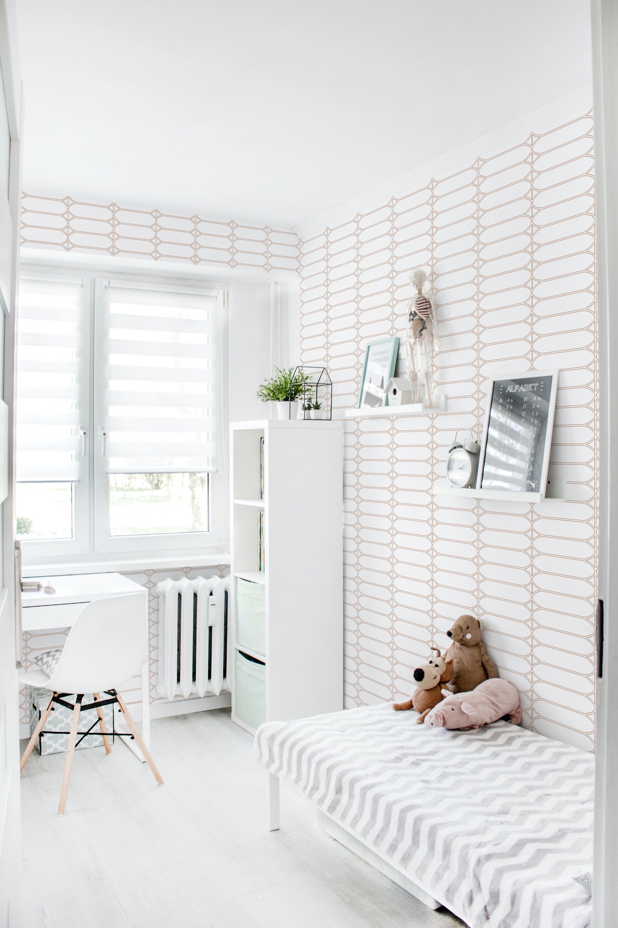 Wallpaper with a repeating pattern of vertical lines connected by diamond shapes in a soft, neutral color, creating a clean and serene atmosphere, traditional wallpaper.