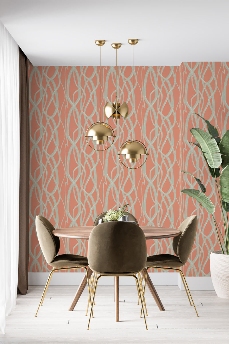 An intricate pattern of intertwining, curving lines in a repeating design on a warm, earthy-toned background, adding an elegant and sophisticated touch to the room. Traditional wallpaper.